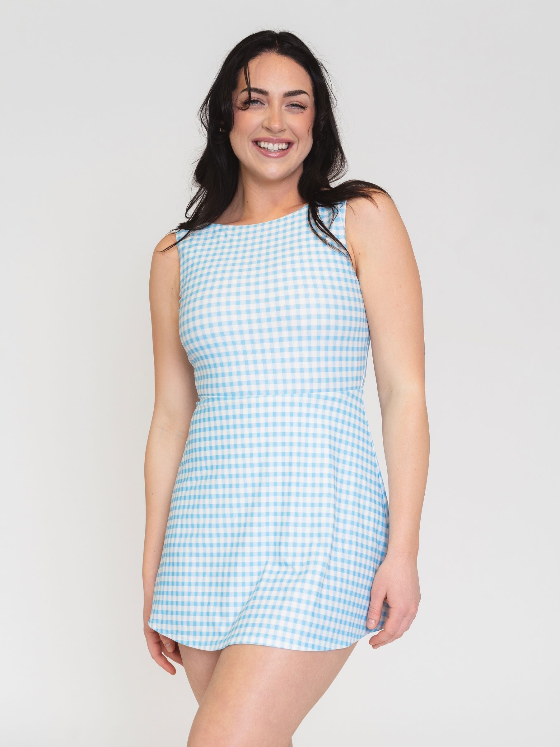 Sky Gingham Boat-Neck Swim Dress