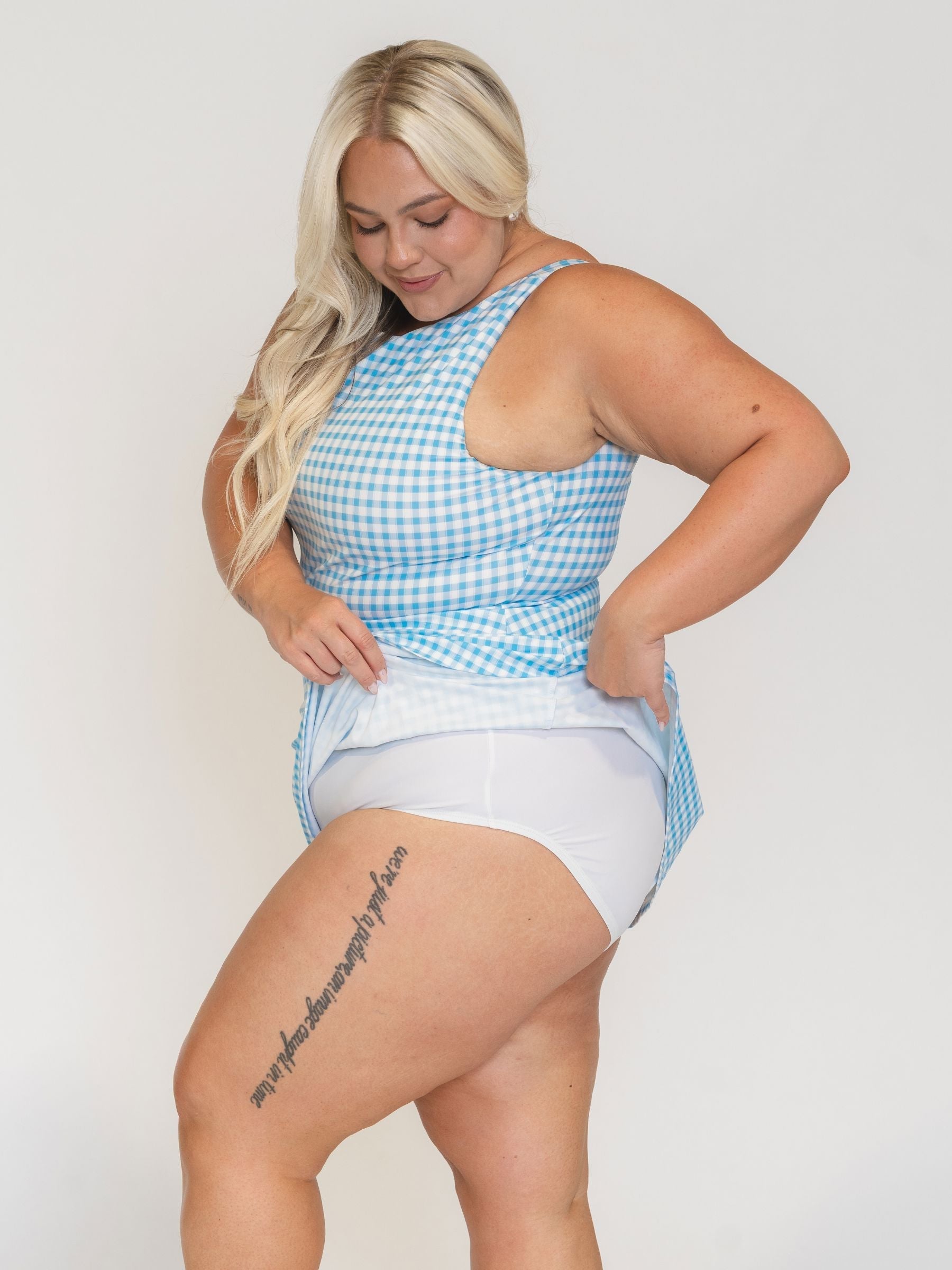 Sky Gingham Boat-Neck Swim Dress
