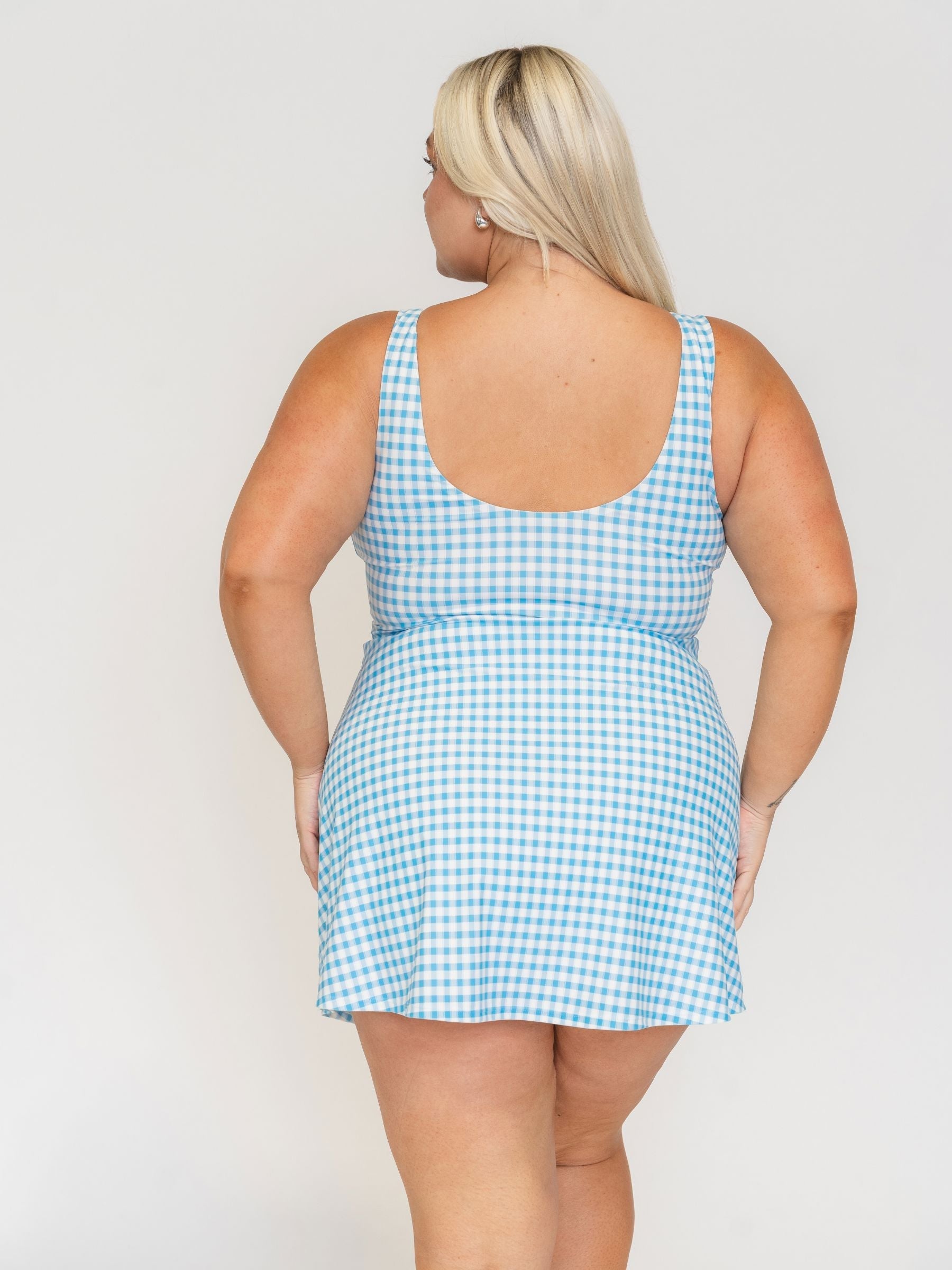 Sky Gingham Boat-Neck Swim Dress