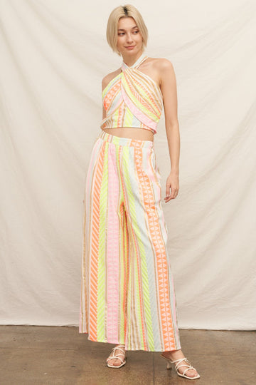 Neon and Gold Embroidered Halter Neck Pants Set