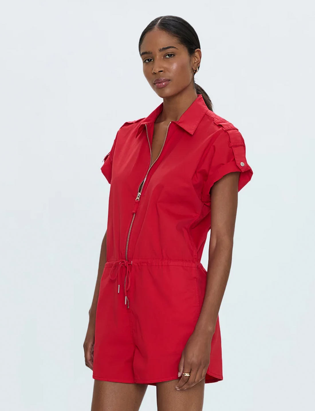 Meg Short Sleeve Zip Up Romper, Ruby