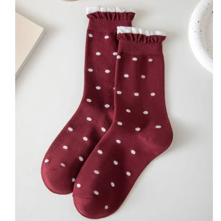 Matilda Maroon & White Polka Dot Ruffle Socks