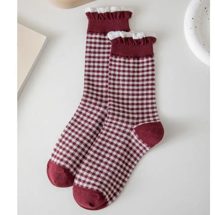 Matilda Maroon & White Plaid Ruffle Socks
