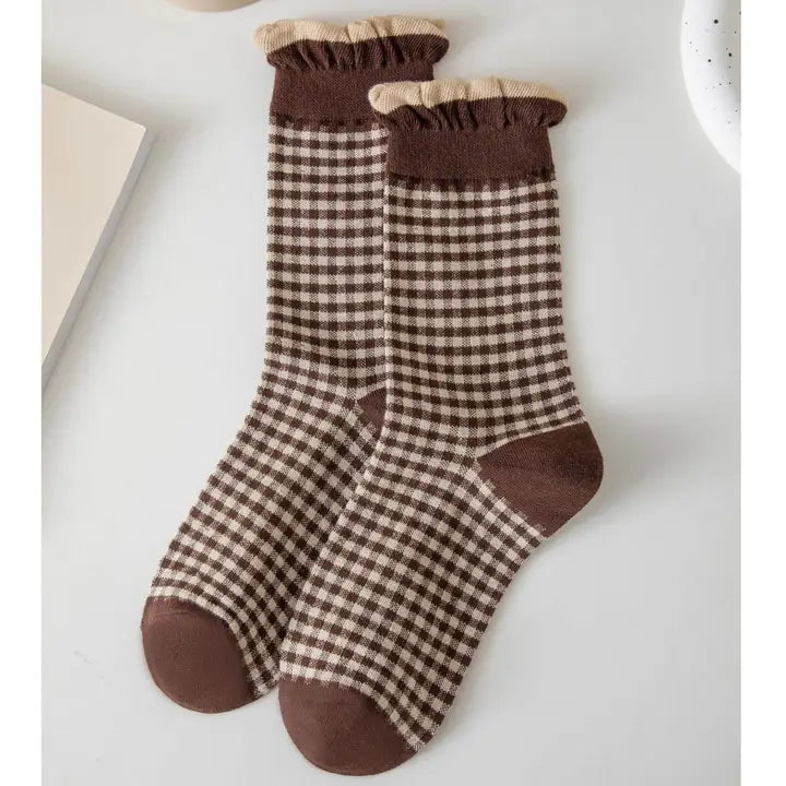 Matilda Brown & Cream Plaid Ruffle Socks