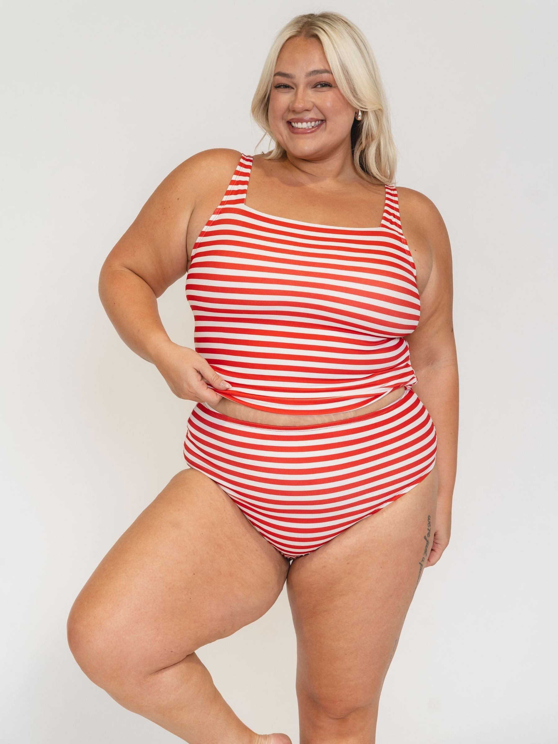 Red Stripe Square Neck Tankini Top