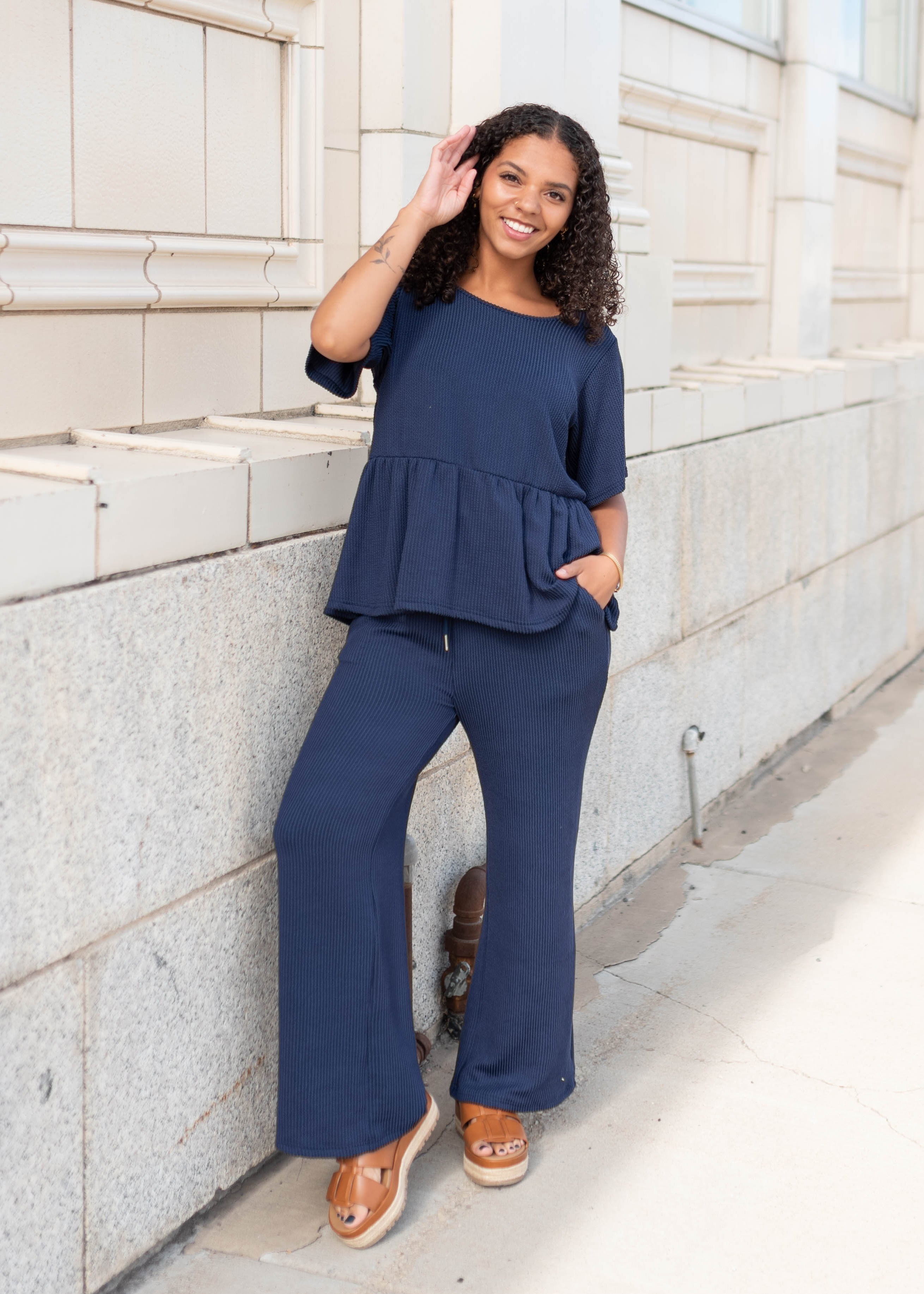 Adelina Navy Blue Textured Pants