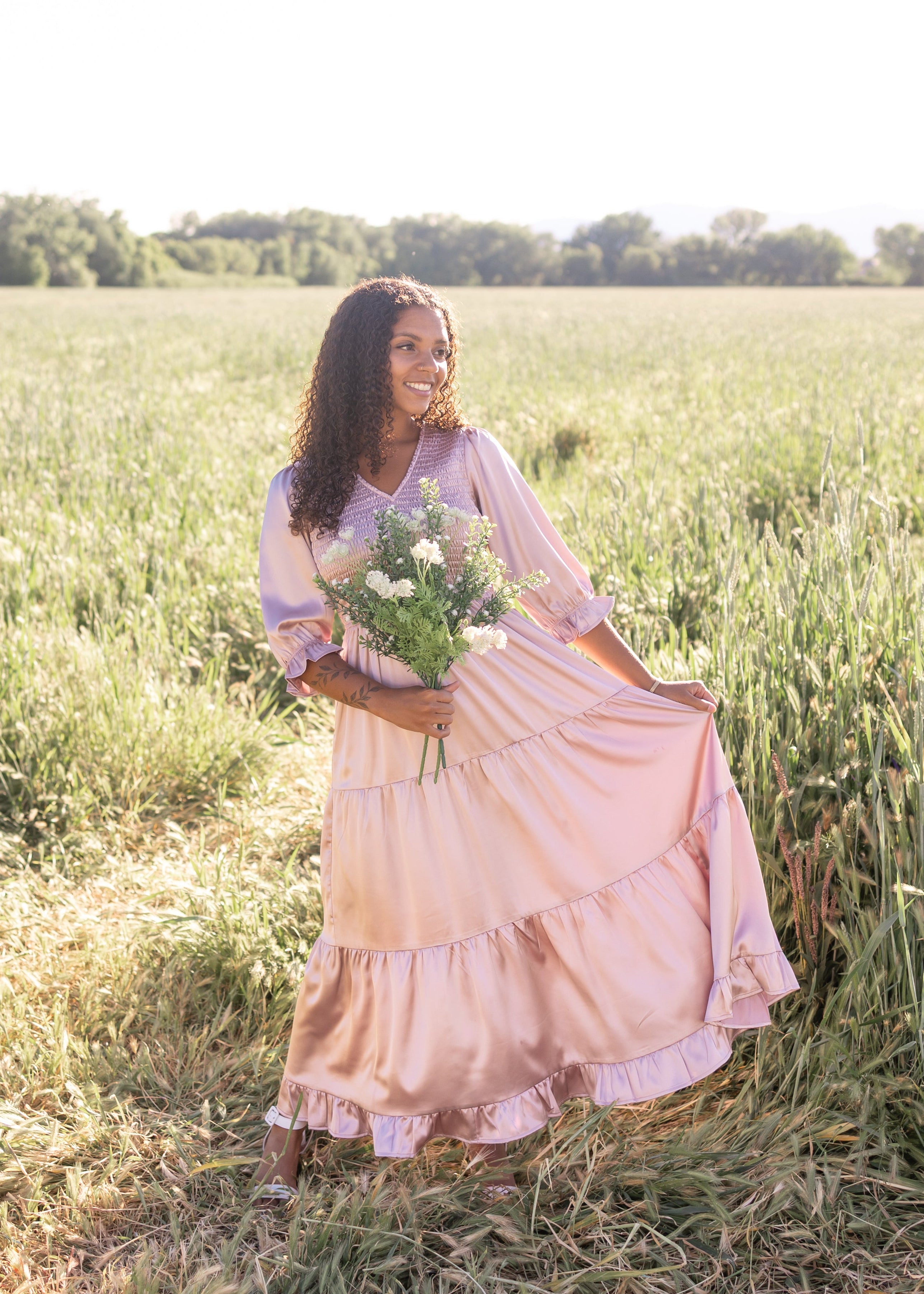 Adeline Vintage Blush Satin Dress