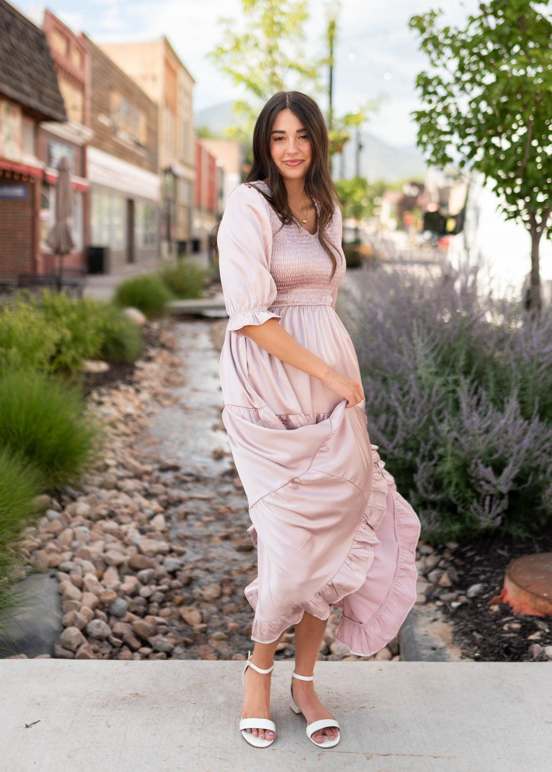 Adeline Vintage Blush Satin Dress