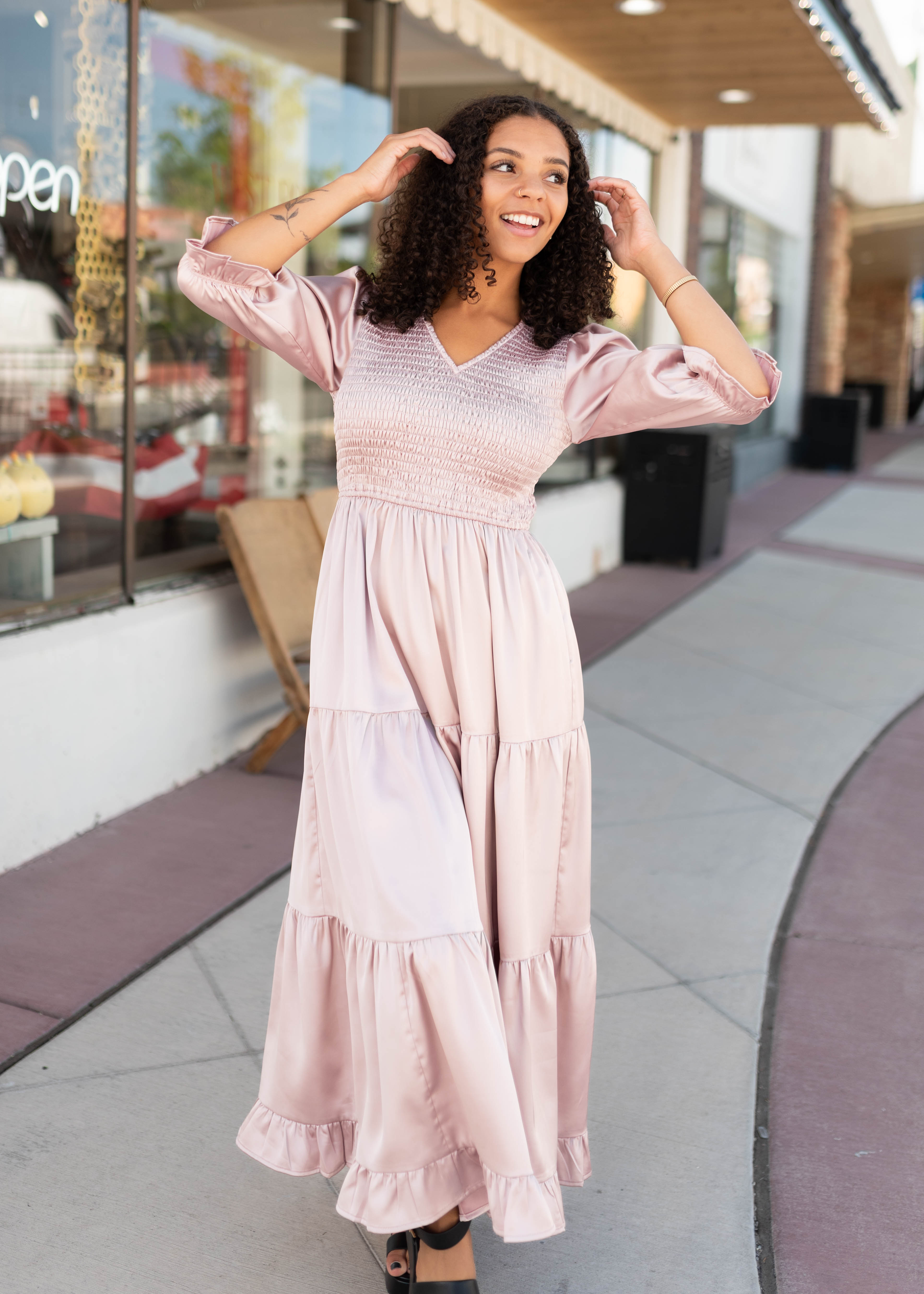 Adeline Vintage Blush Satin Dress