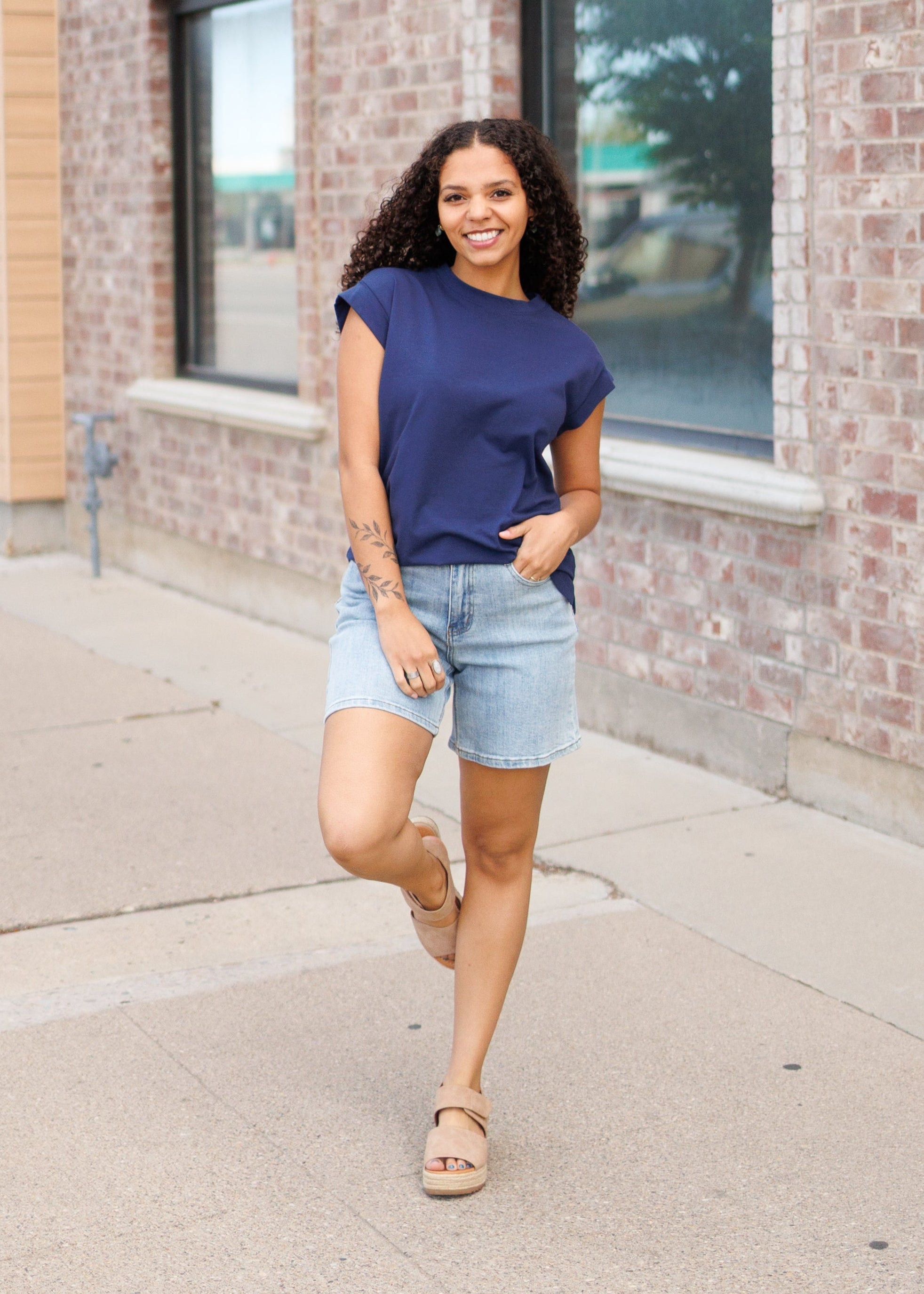Ana Navy Cap Sleeve Top