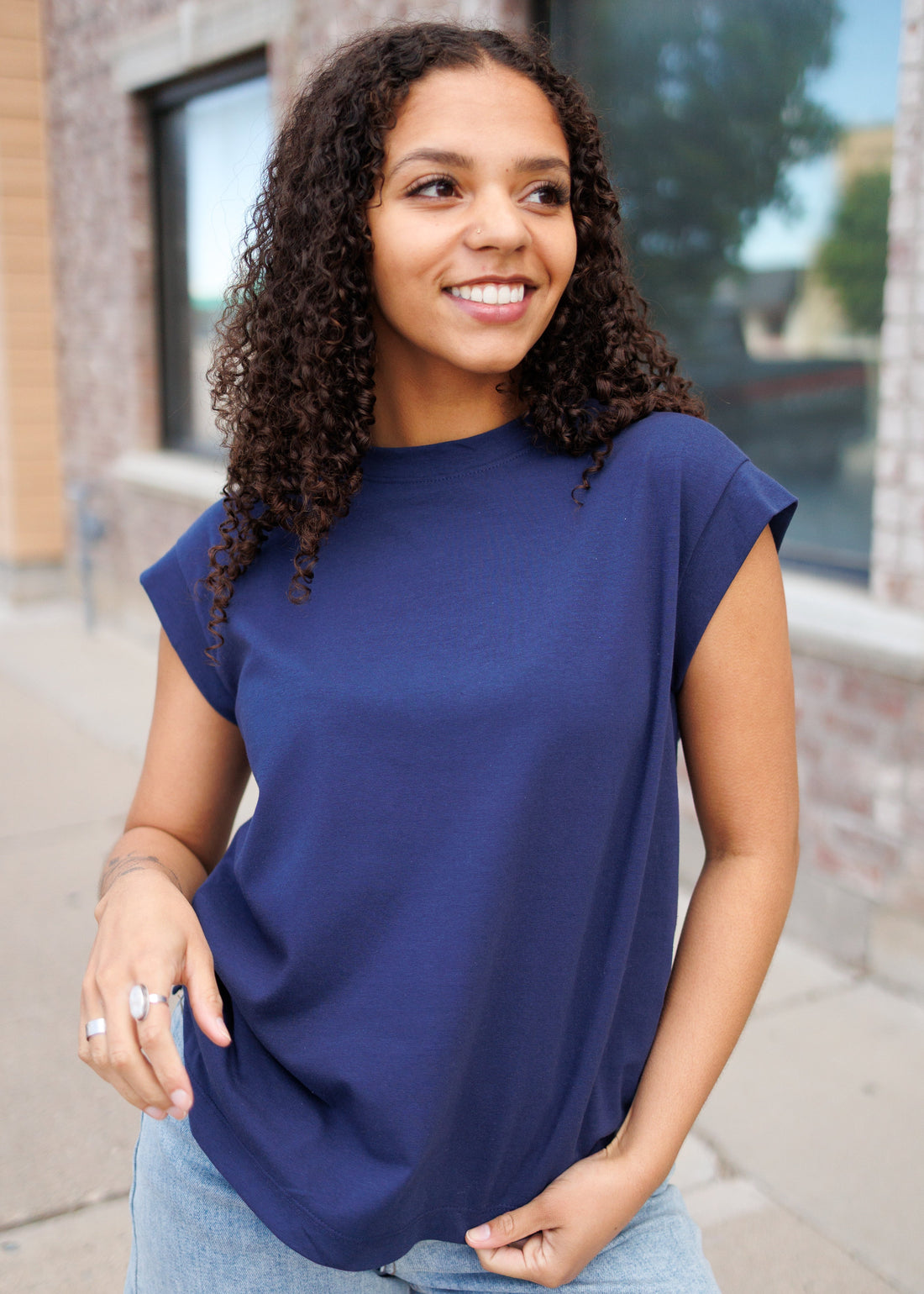 Ana Navy Cap Sleeve Top