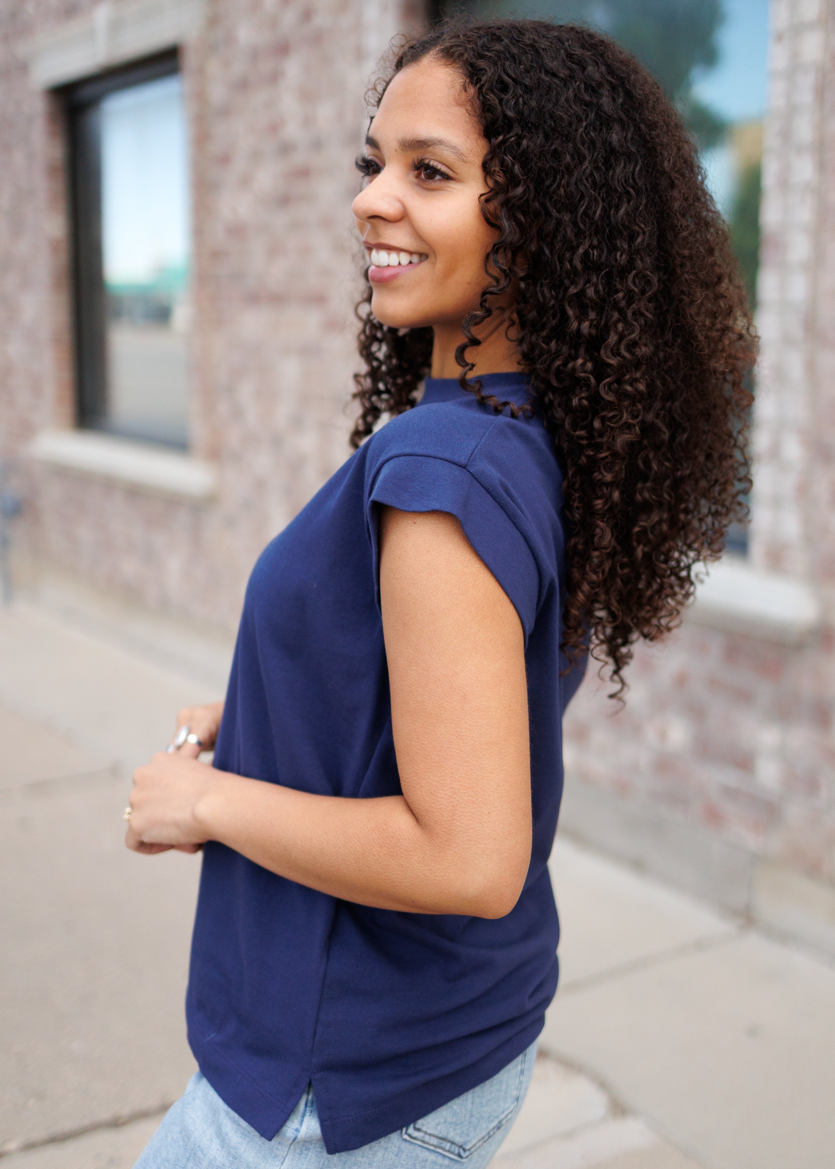 Ana Navy Cap Sleeve Top