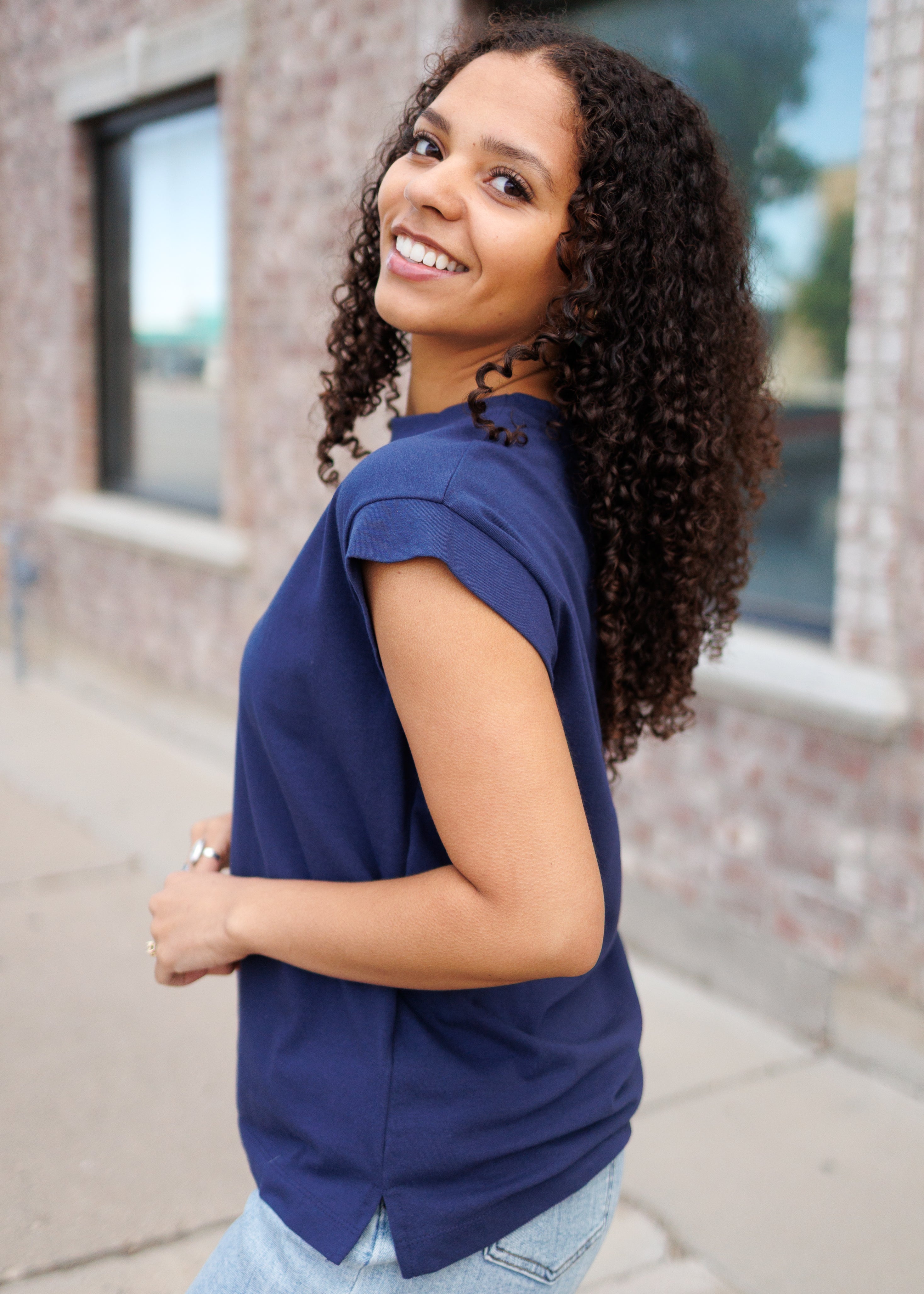 Ana Navy Cap Sleeve Top