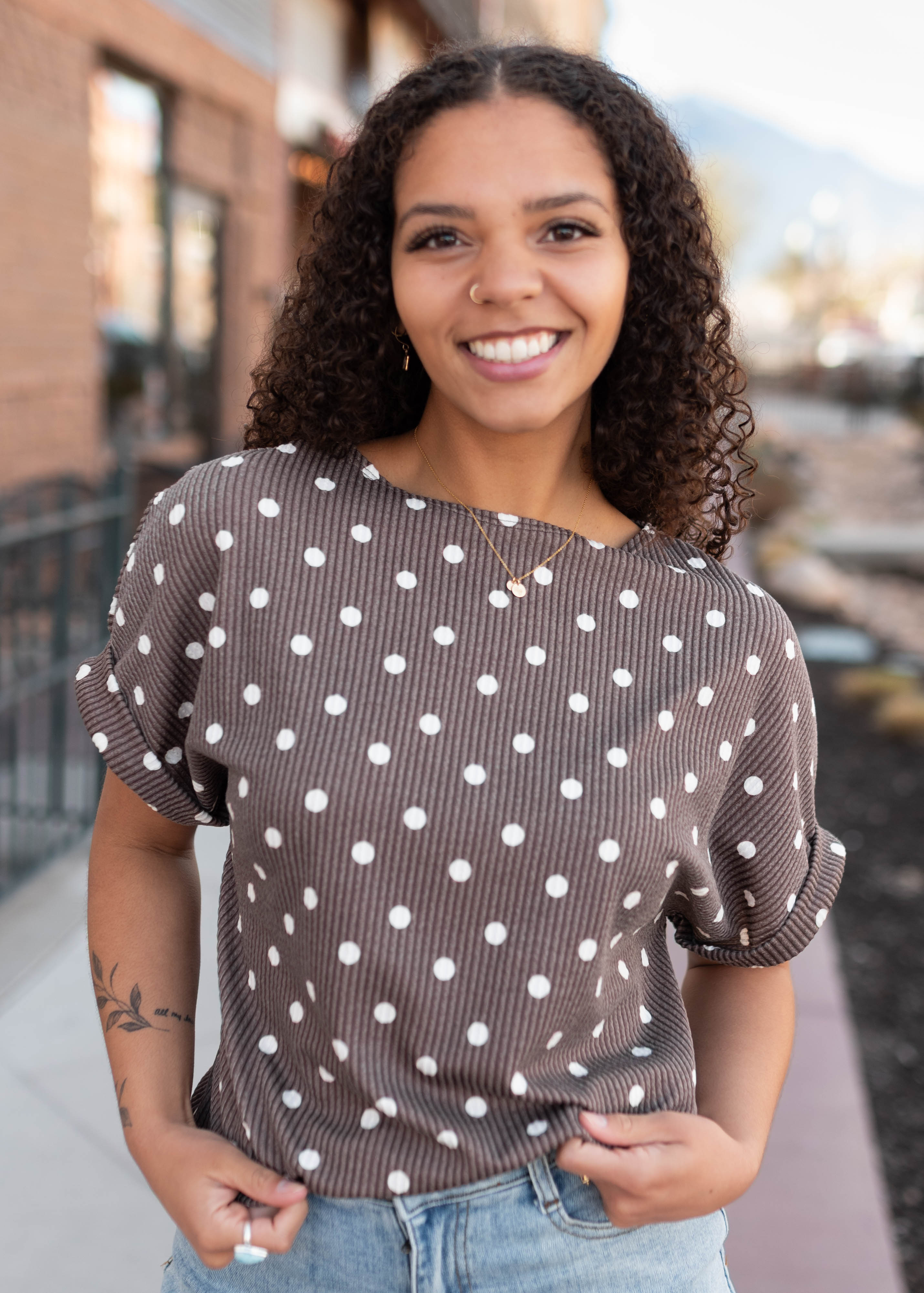Angelina Brown Polka Dot Top