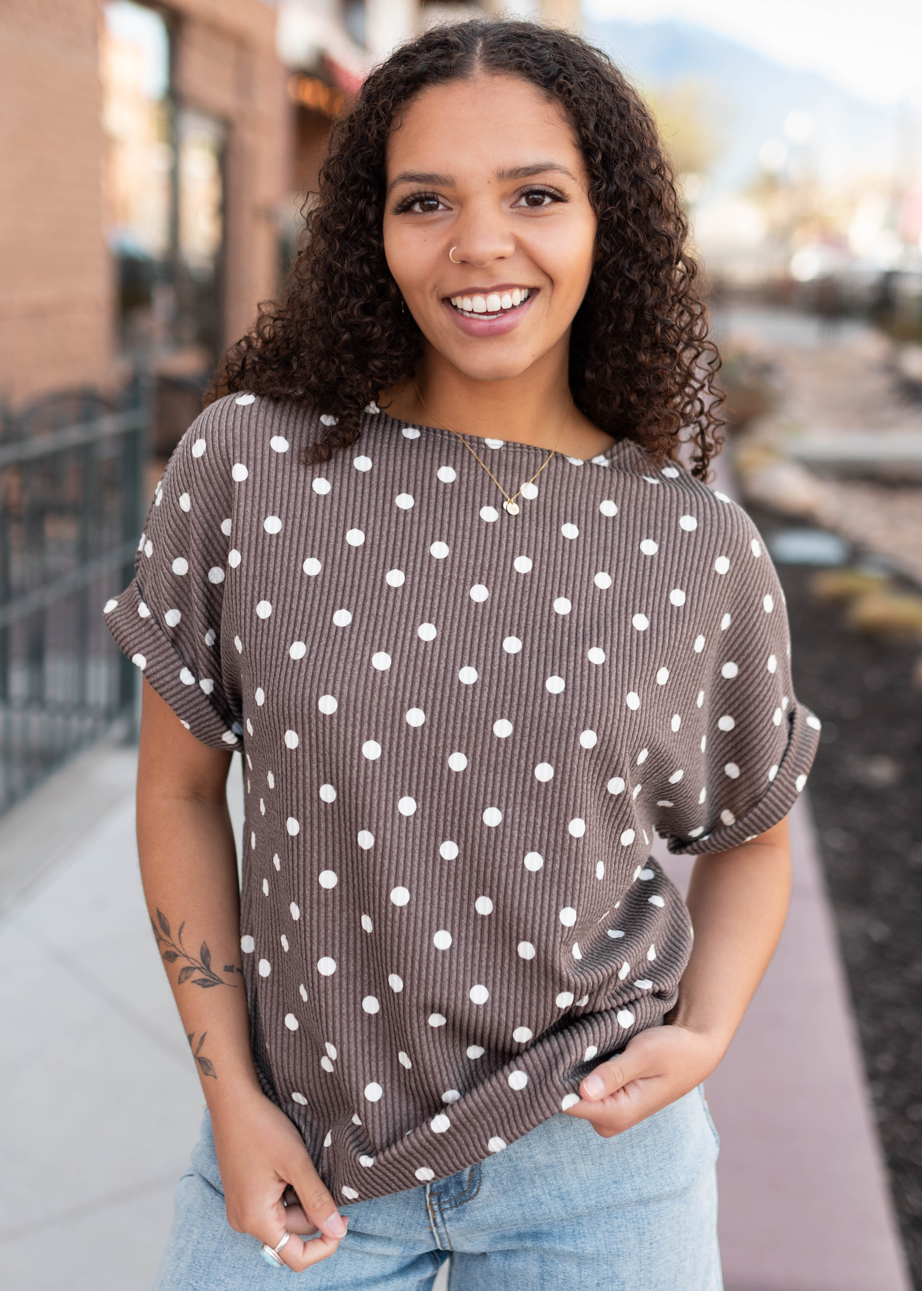 Angelina Brown Polka Dot Top