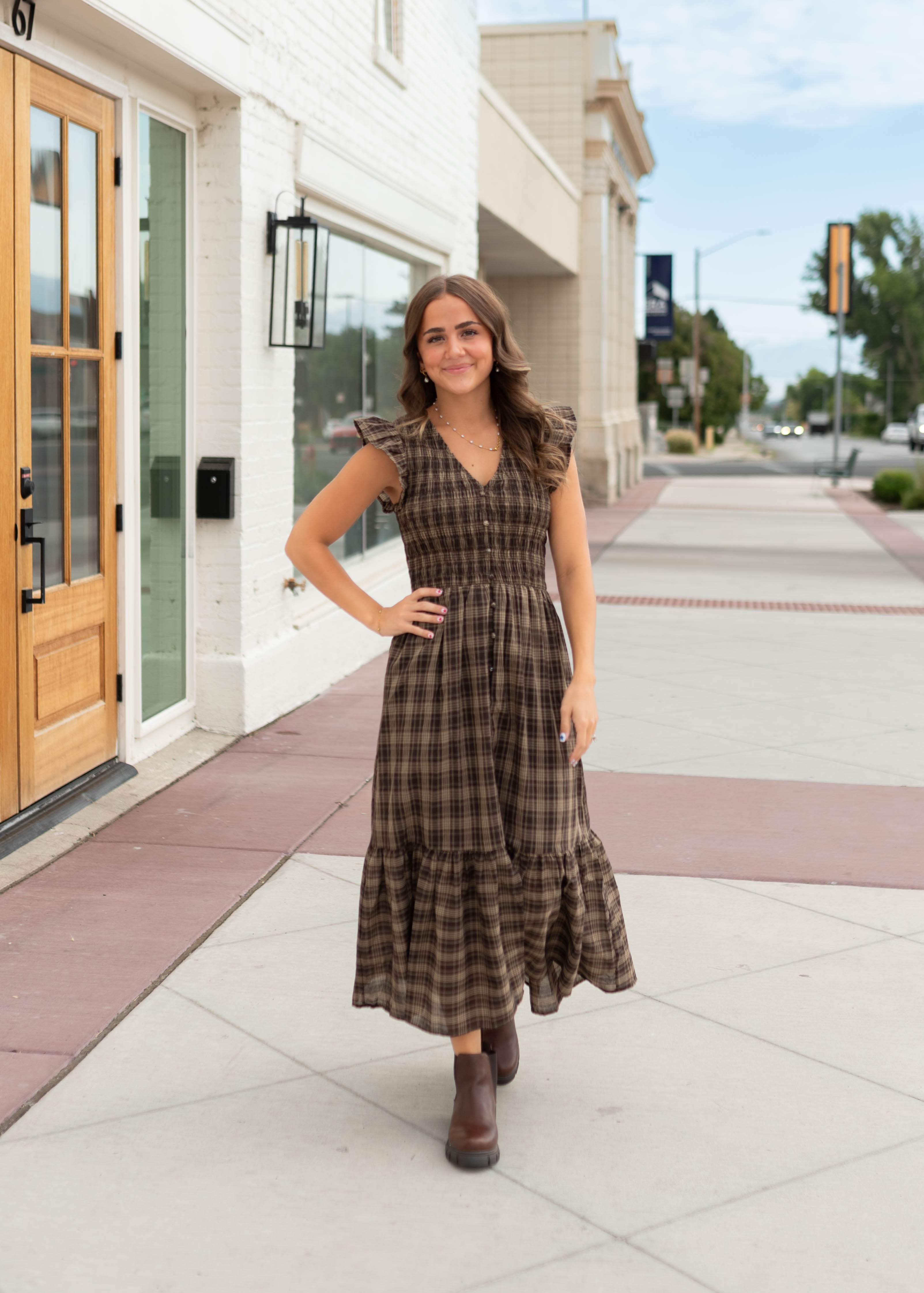 Ann Brown Plaid Smocked Midi Dress