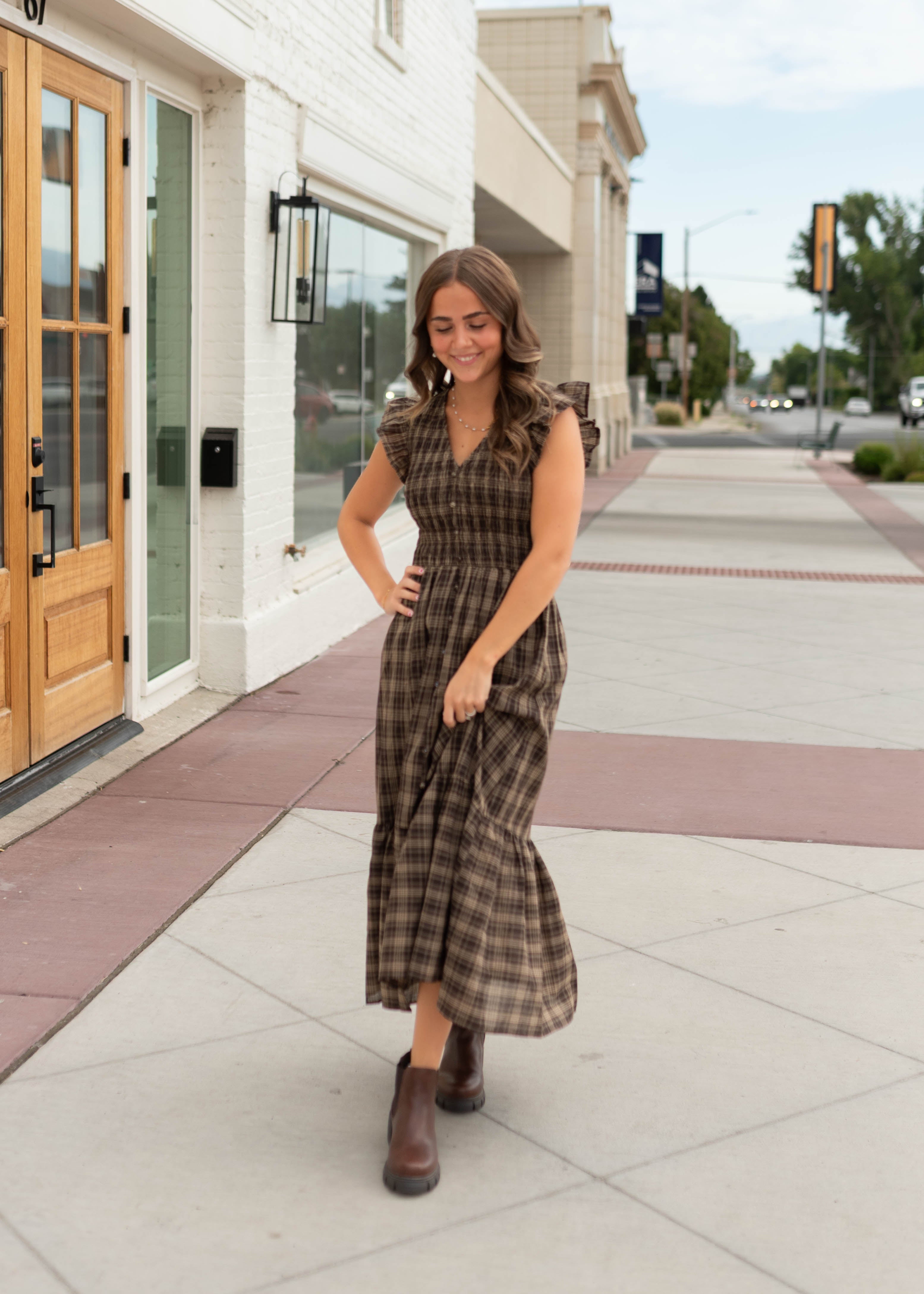 Ann Brown Plaid Smocked Midi Dress
