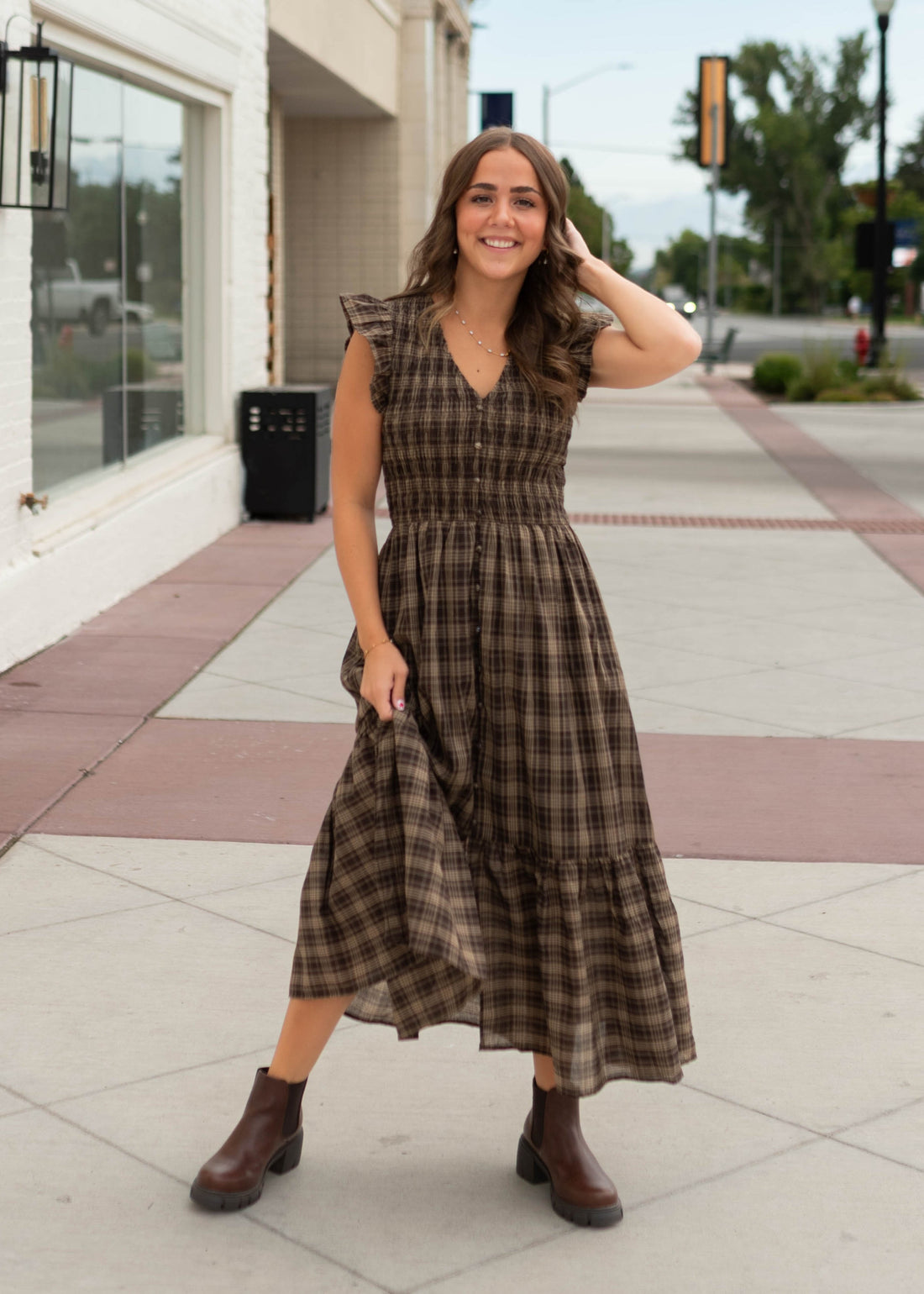 Ann Brown Plaid Smocked Midi Dress