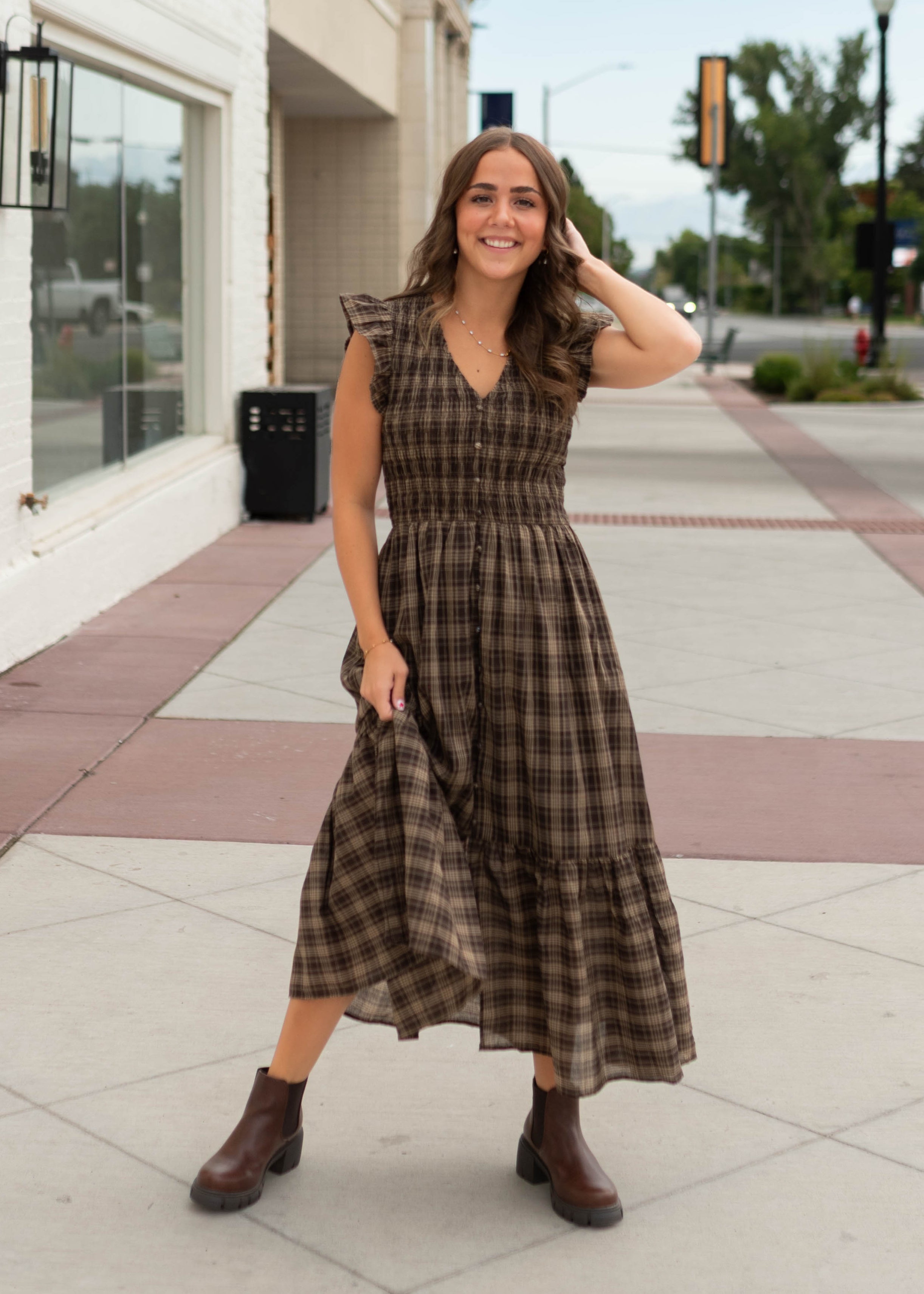 Ann Brown Plaid Smocked Midi Dress