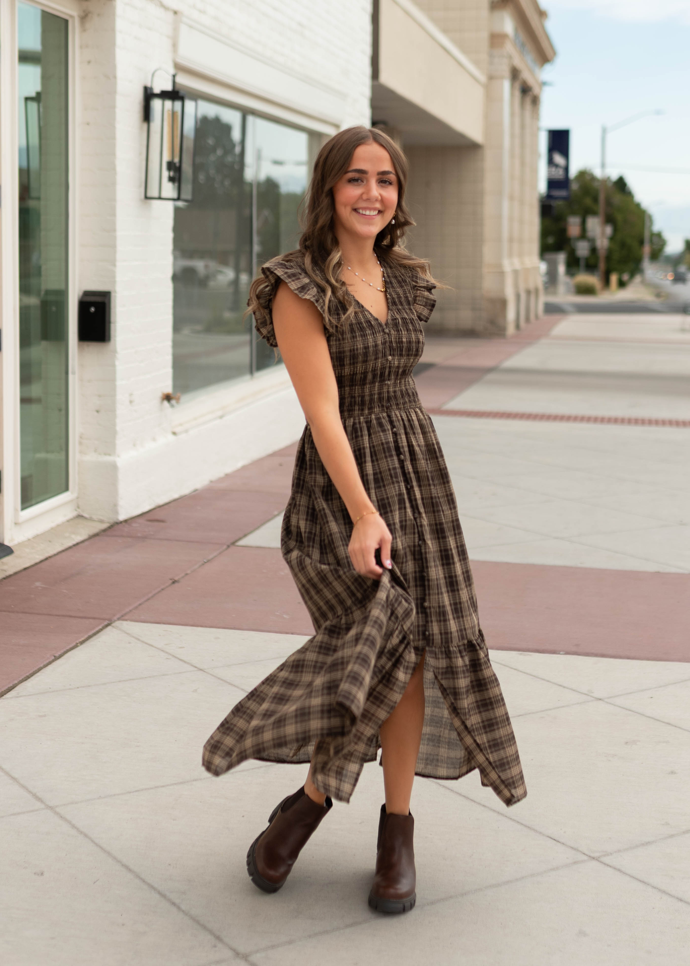Ann Brown Plaid Smocked Midi Dress