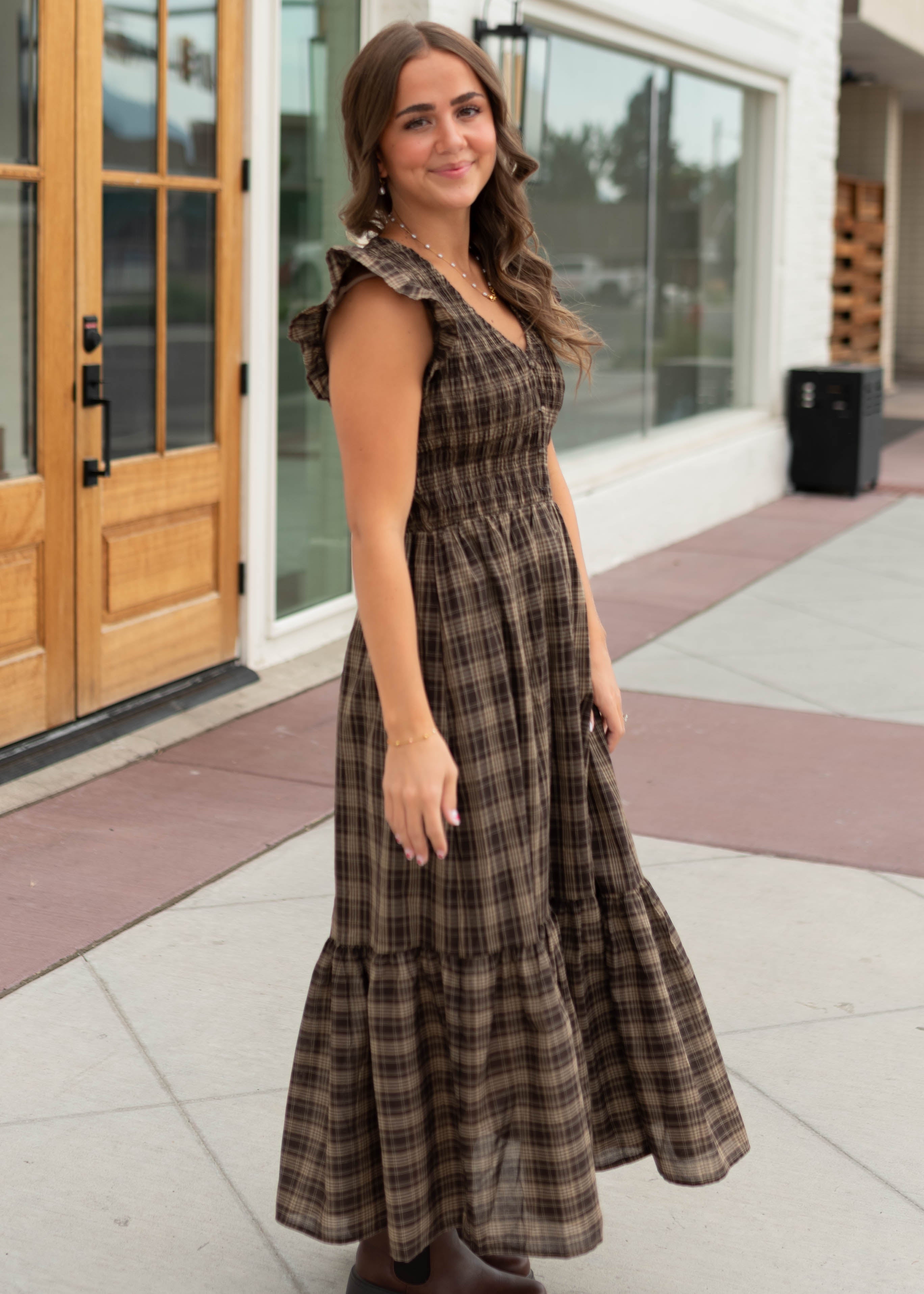 Ann Brown Plaid Smocked Midi Dress