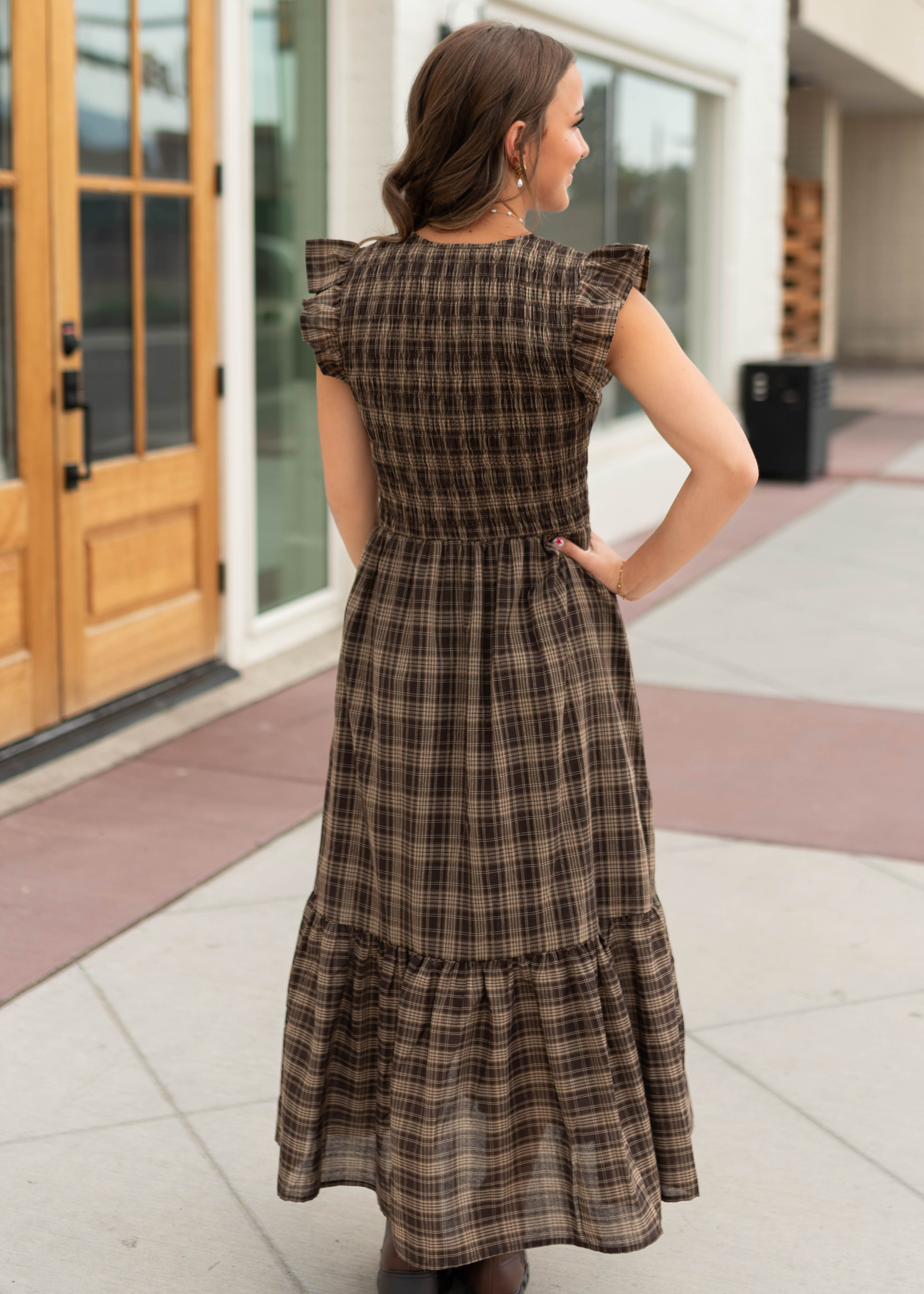 Ann Brown Plaid Smocked Midi Dress
