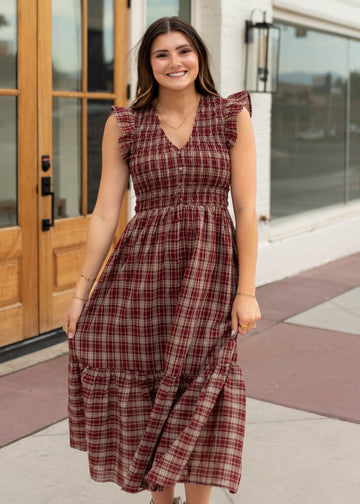 Ann Burgundy Plaid Smocked Midi Dress