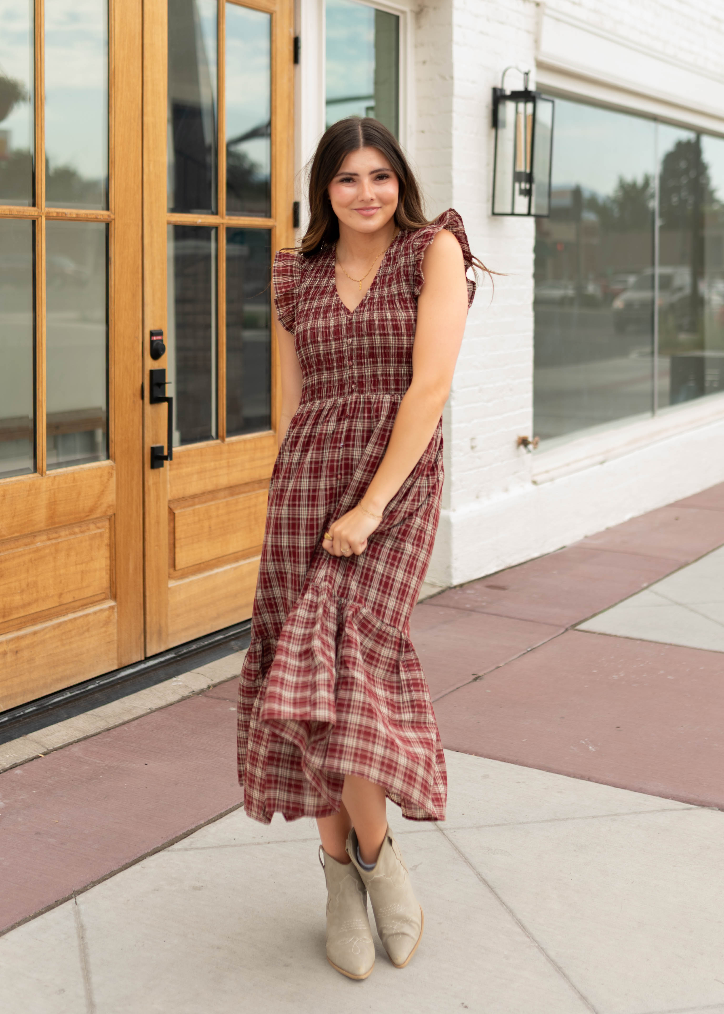 Ann Burgundy Plaid Smocked Midi Dress