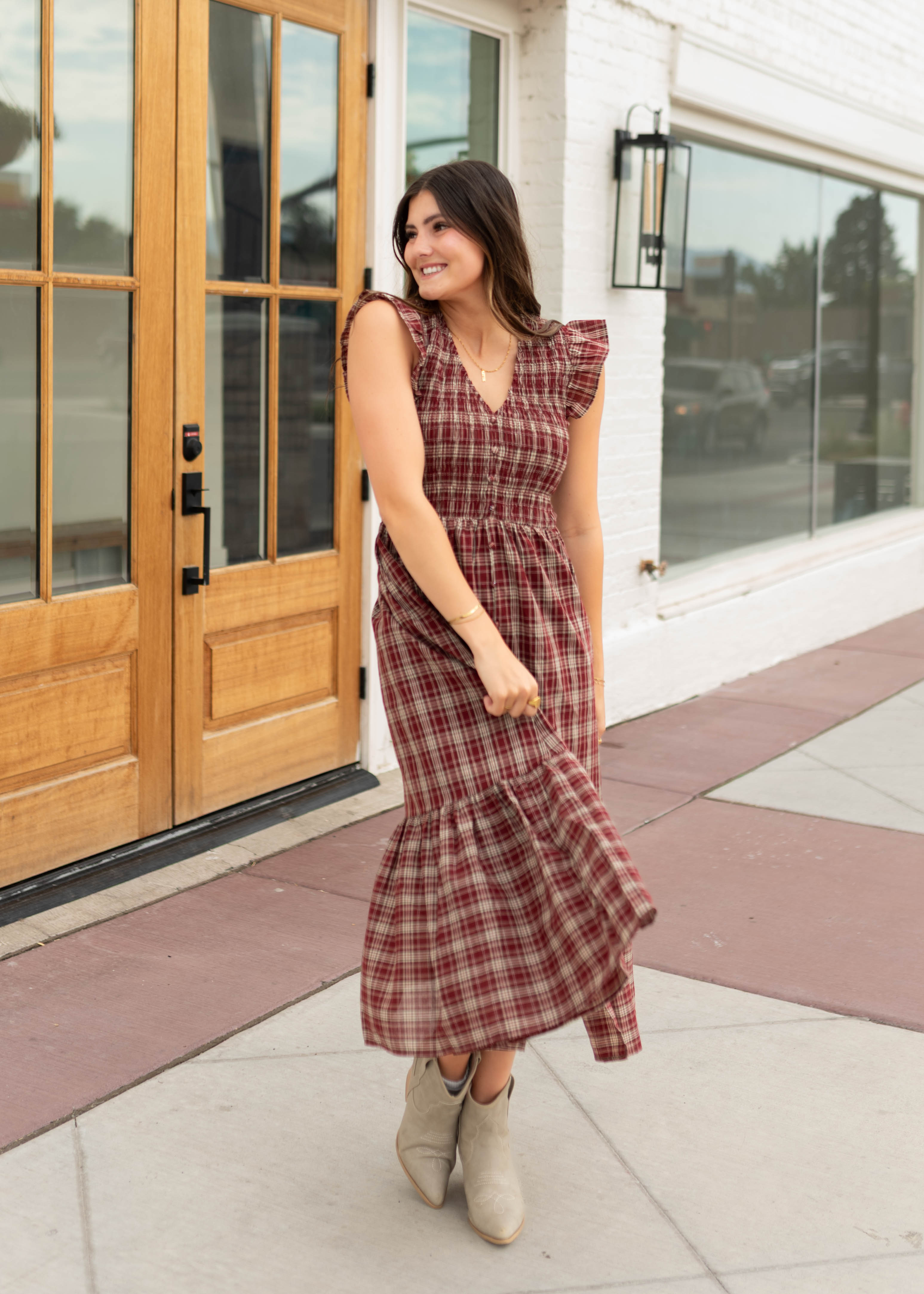 Ann Burgundy Plaid Smocked Midi Dress
