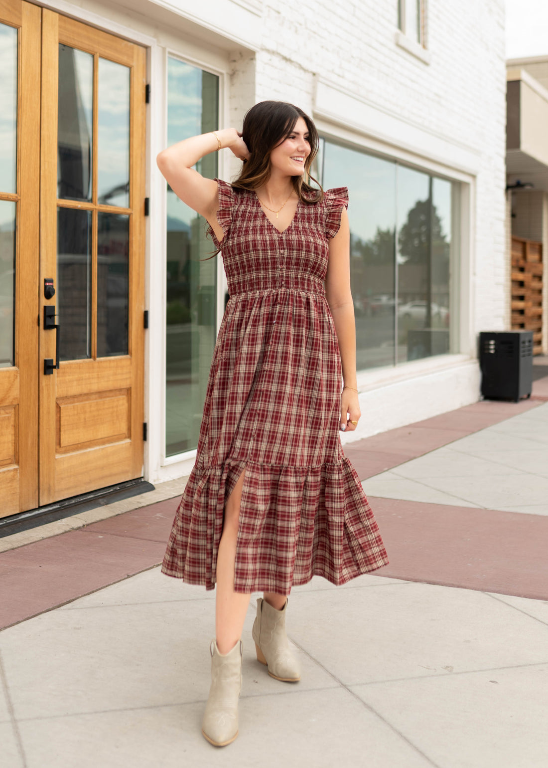 Ann Burgundy Plaid Smocked Midi Dress
