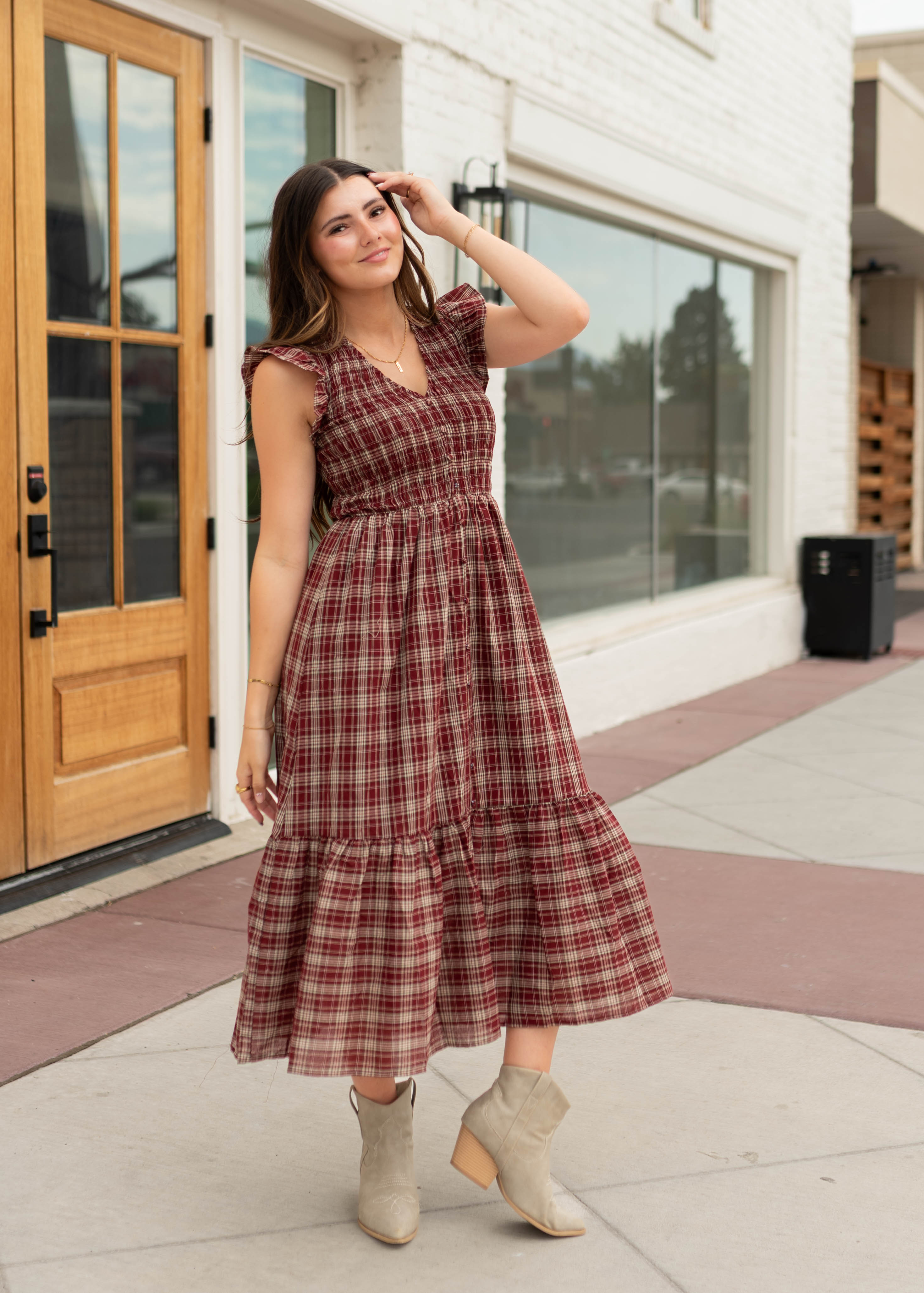 Ann Burgundy Plaid Smocked Midi Dress