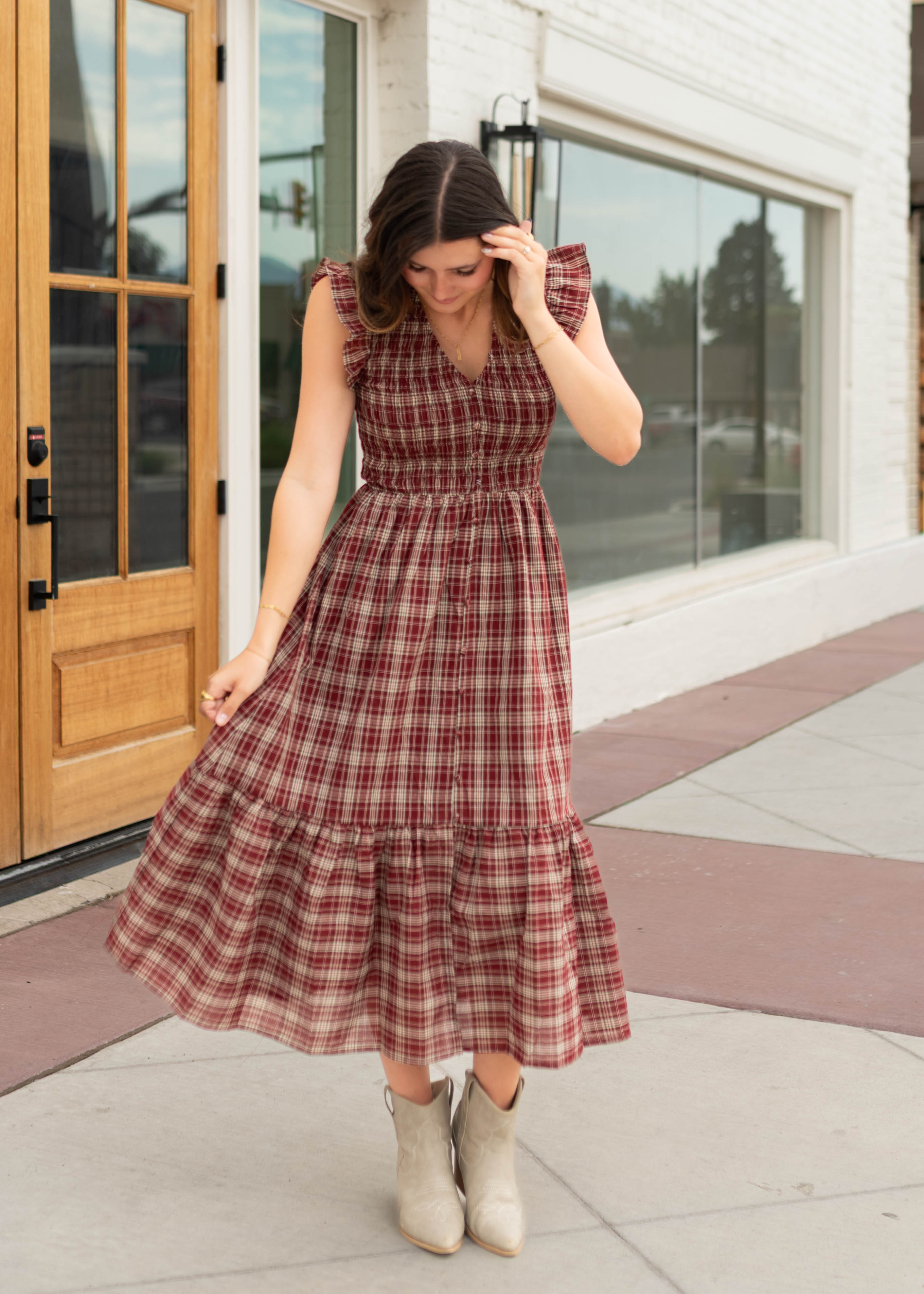 Ann Burgundy Plaid Smocked Midi Dress