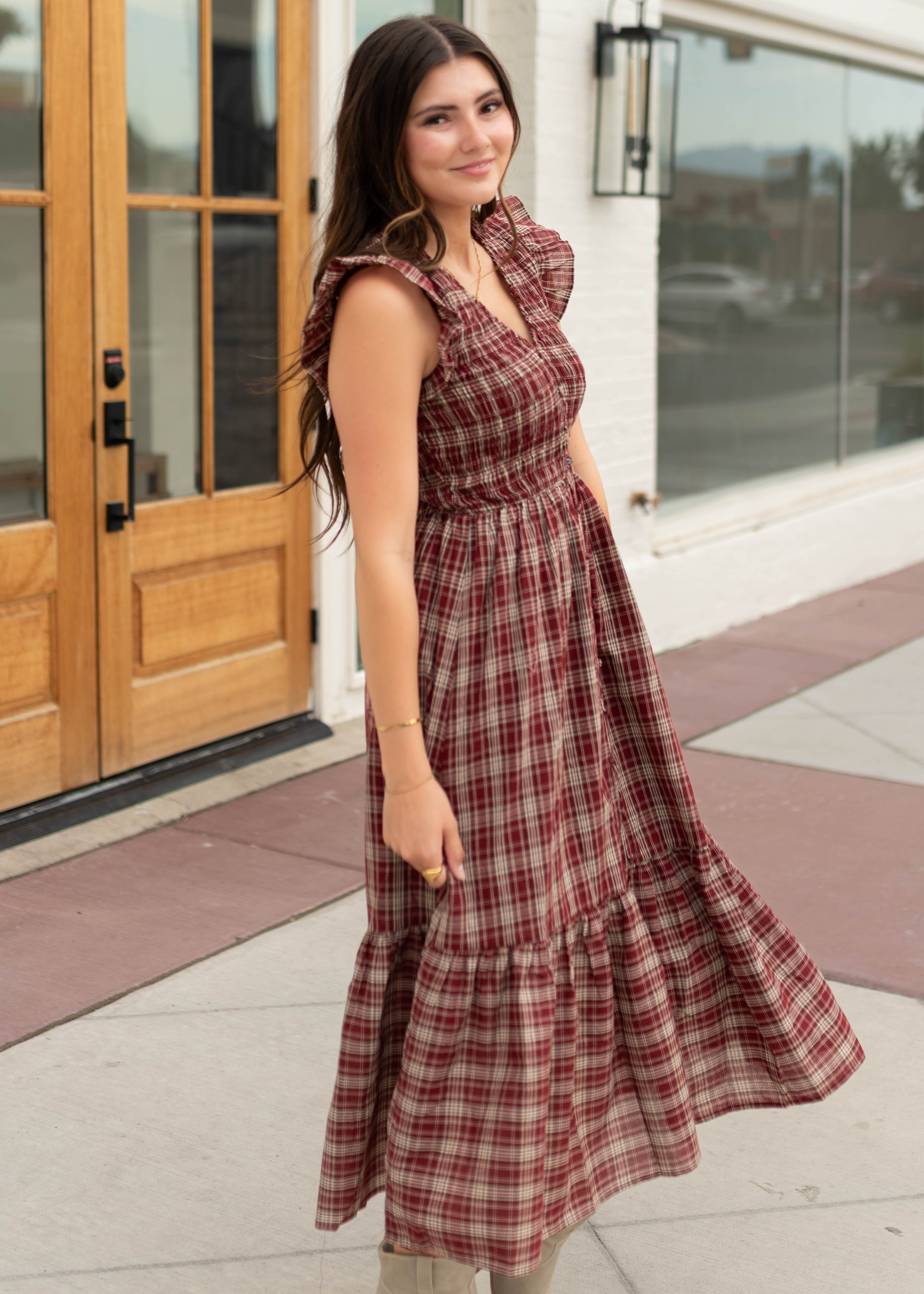 Ann Burgundy Plaid Smocked Midi Dress