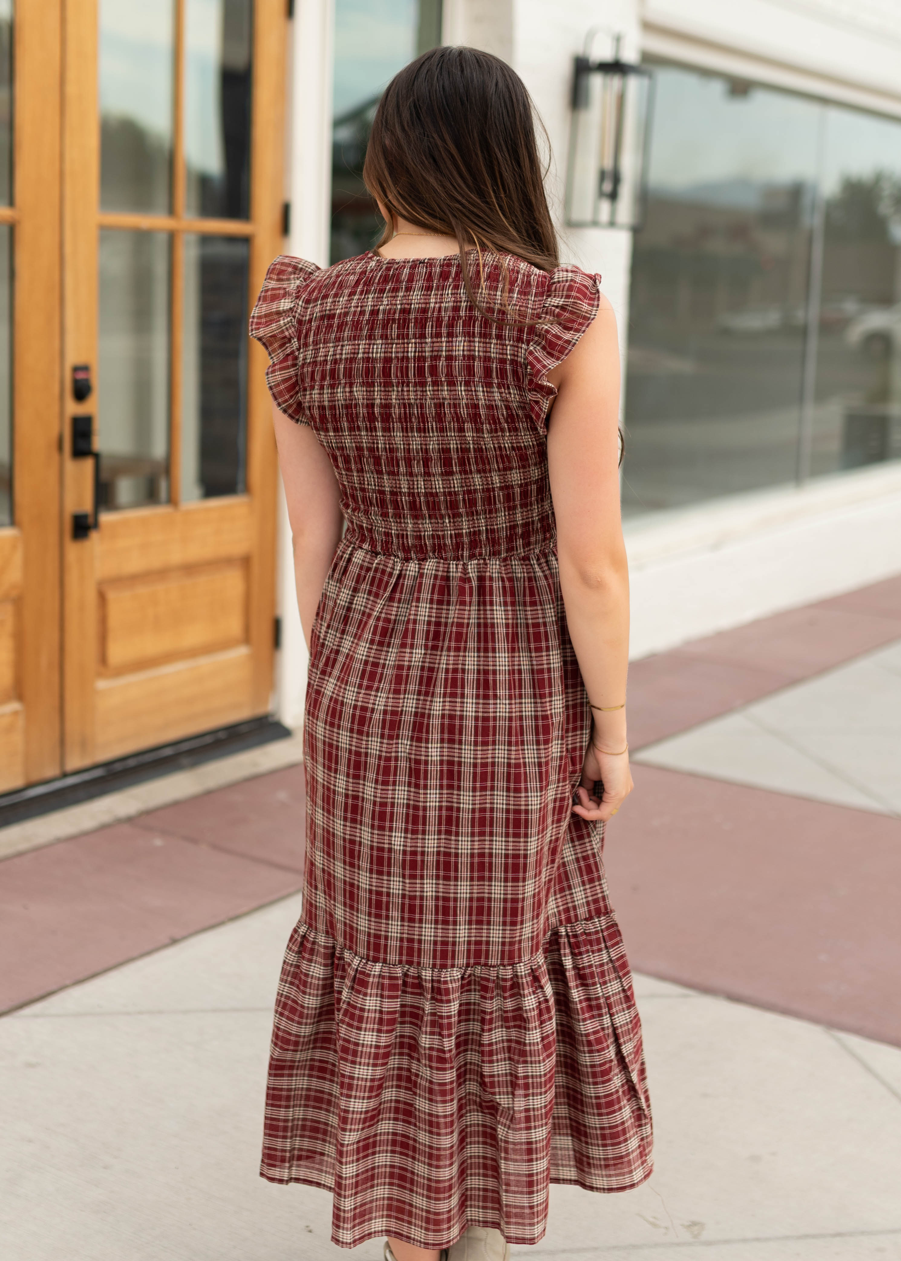 Ann Burgundy Plaid Smocked Midi Dress