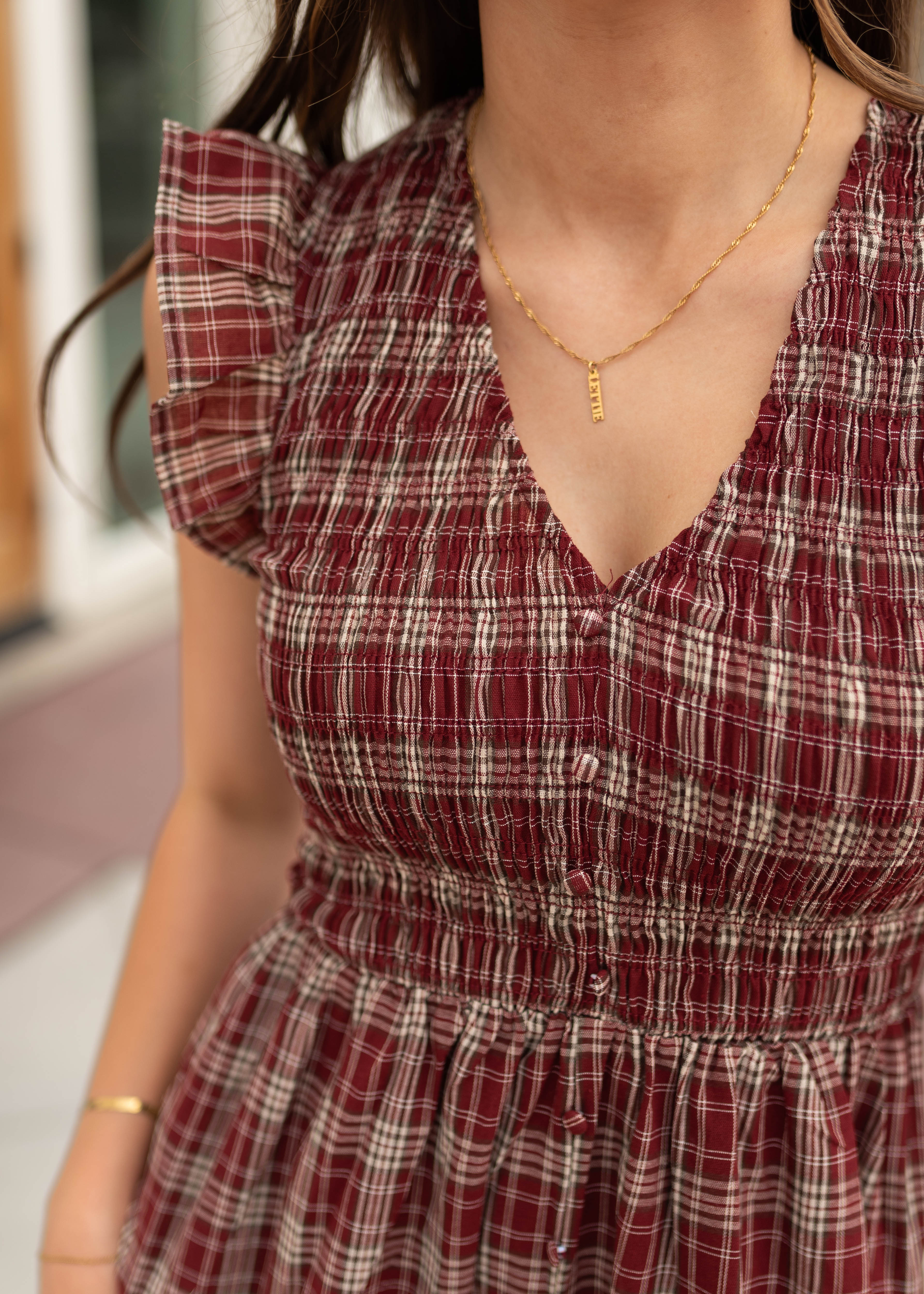 Ann Burgundy Plaid Smocked Midi Dress