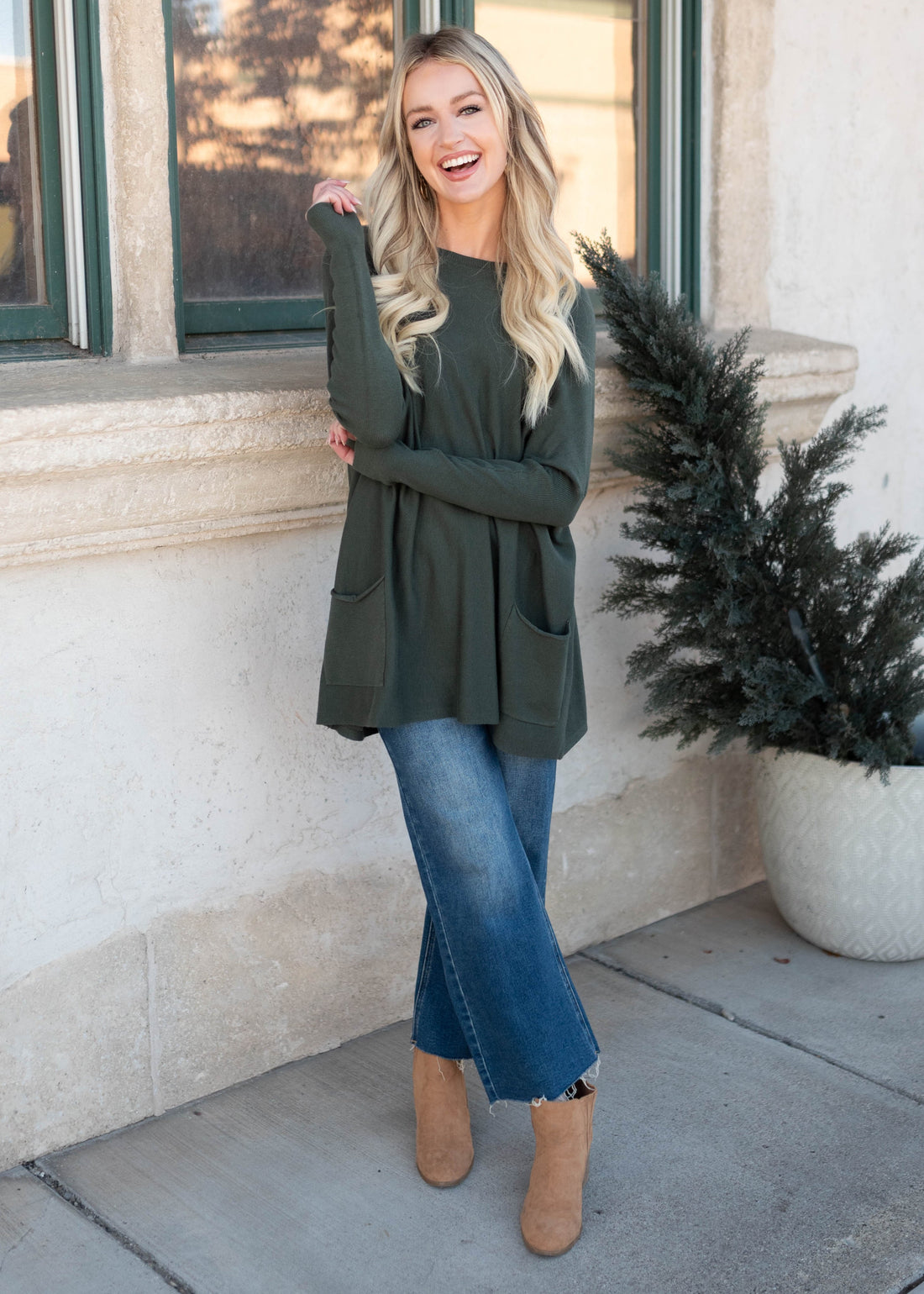 Aria Dark Green Pocket Sweater