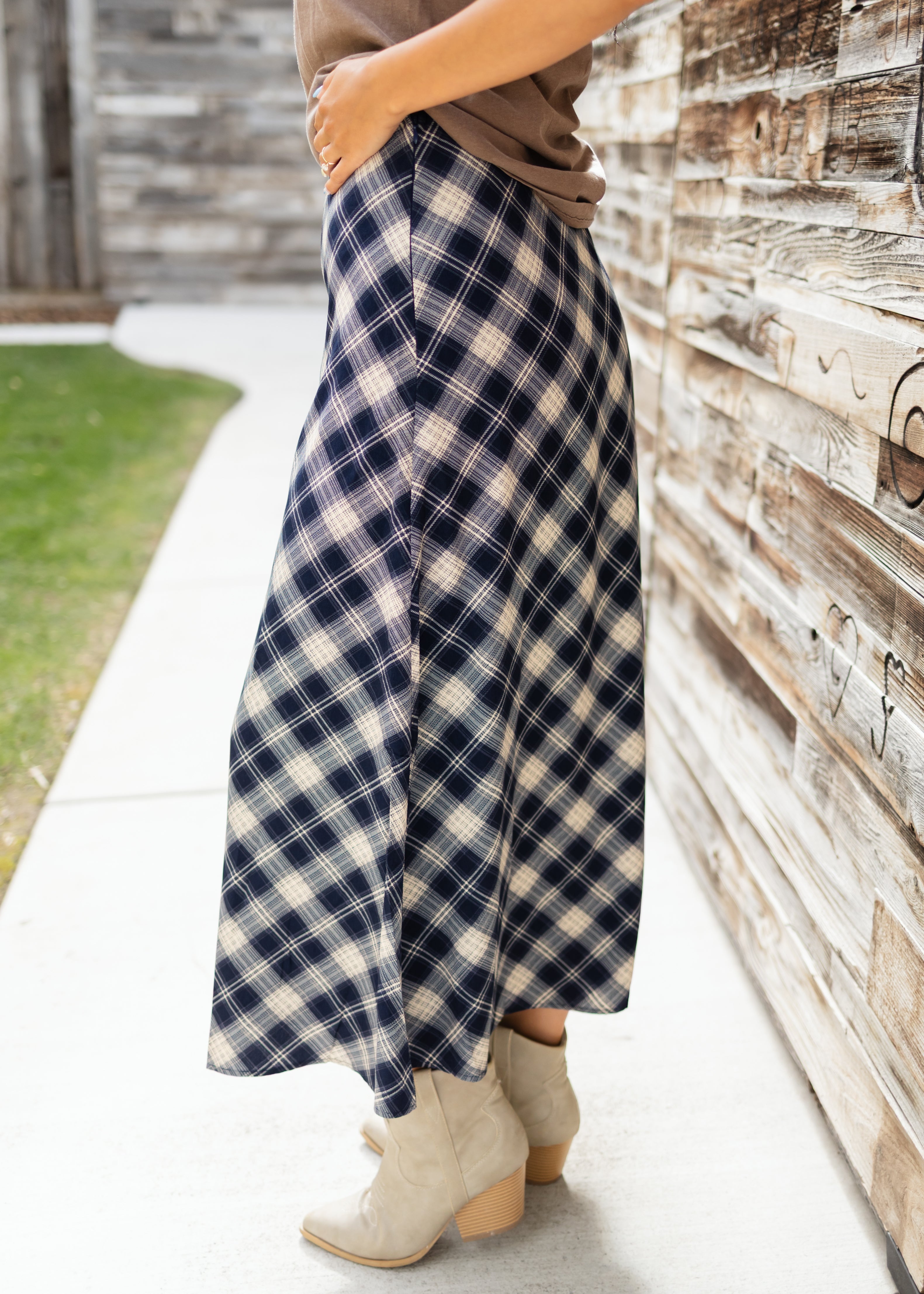 Ashley Navy & Cream Plaid Midi Skirt