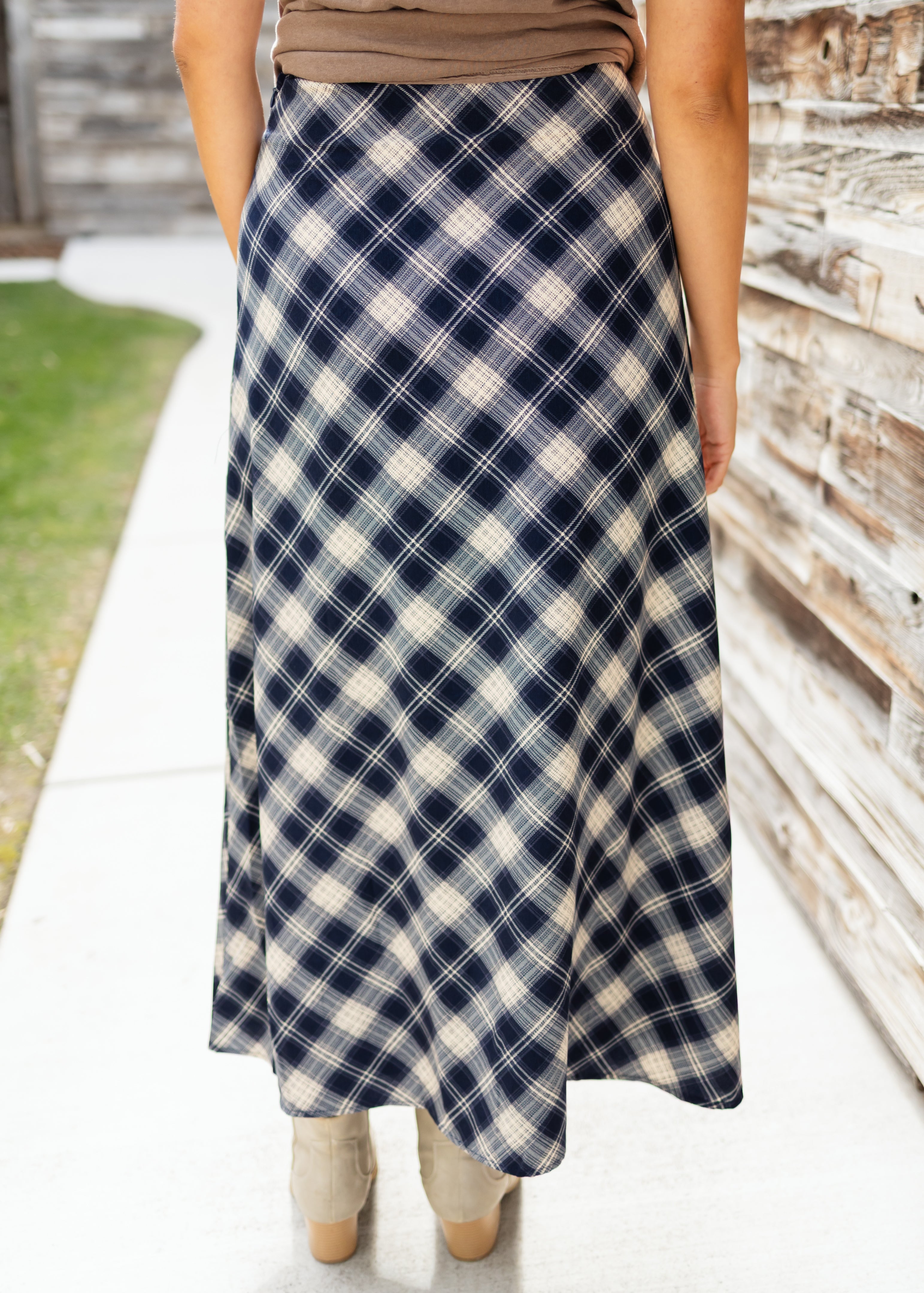 Ashley Navy & Cream Plaid Midi Skirt