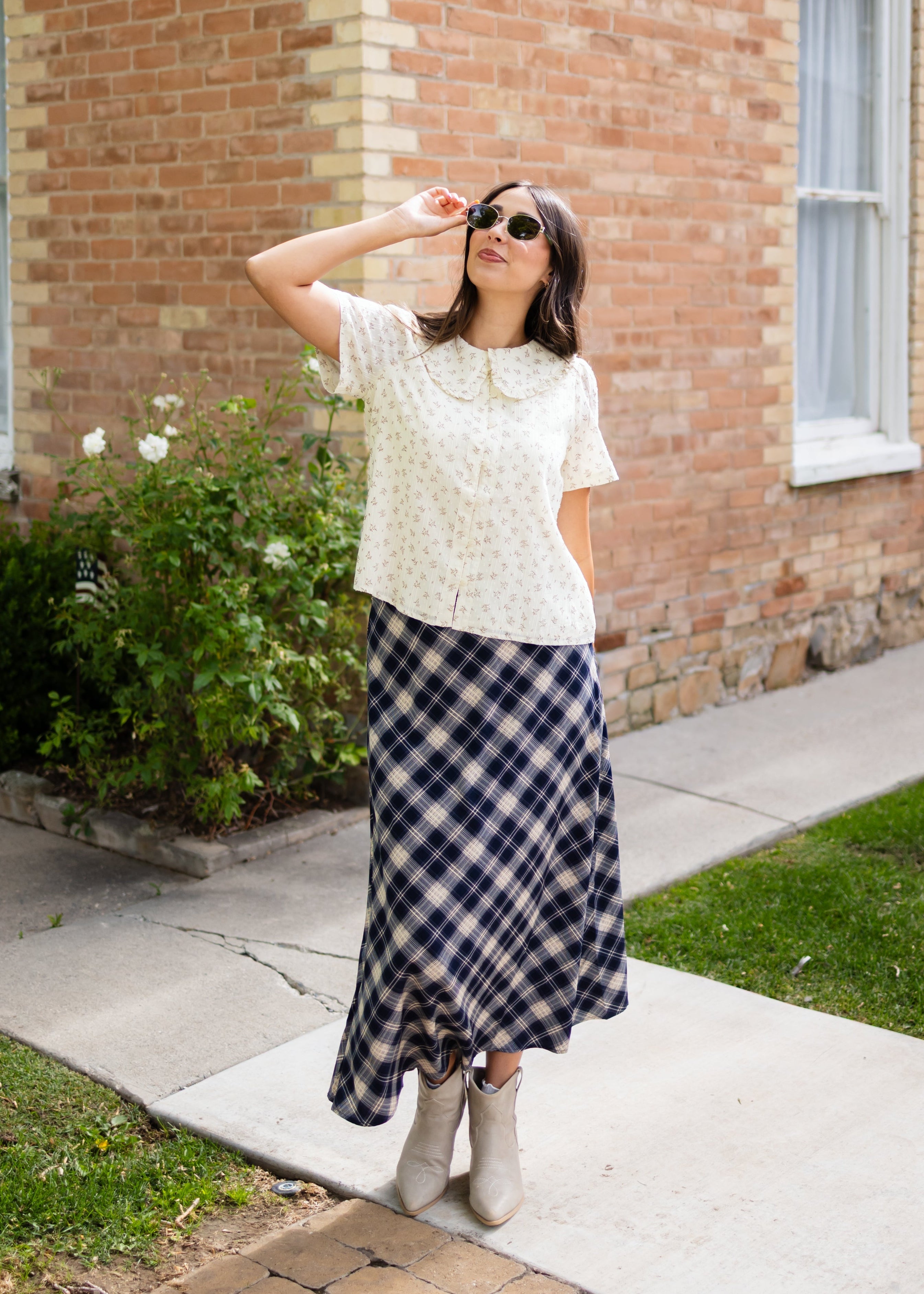 Ashley Navy & Cream Plaid Midi Skirt