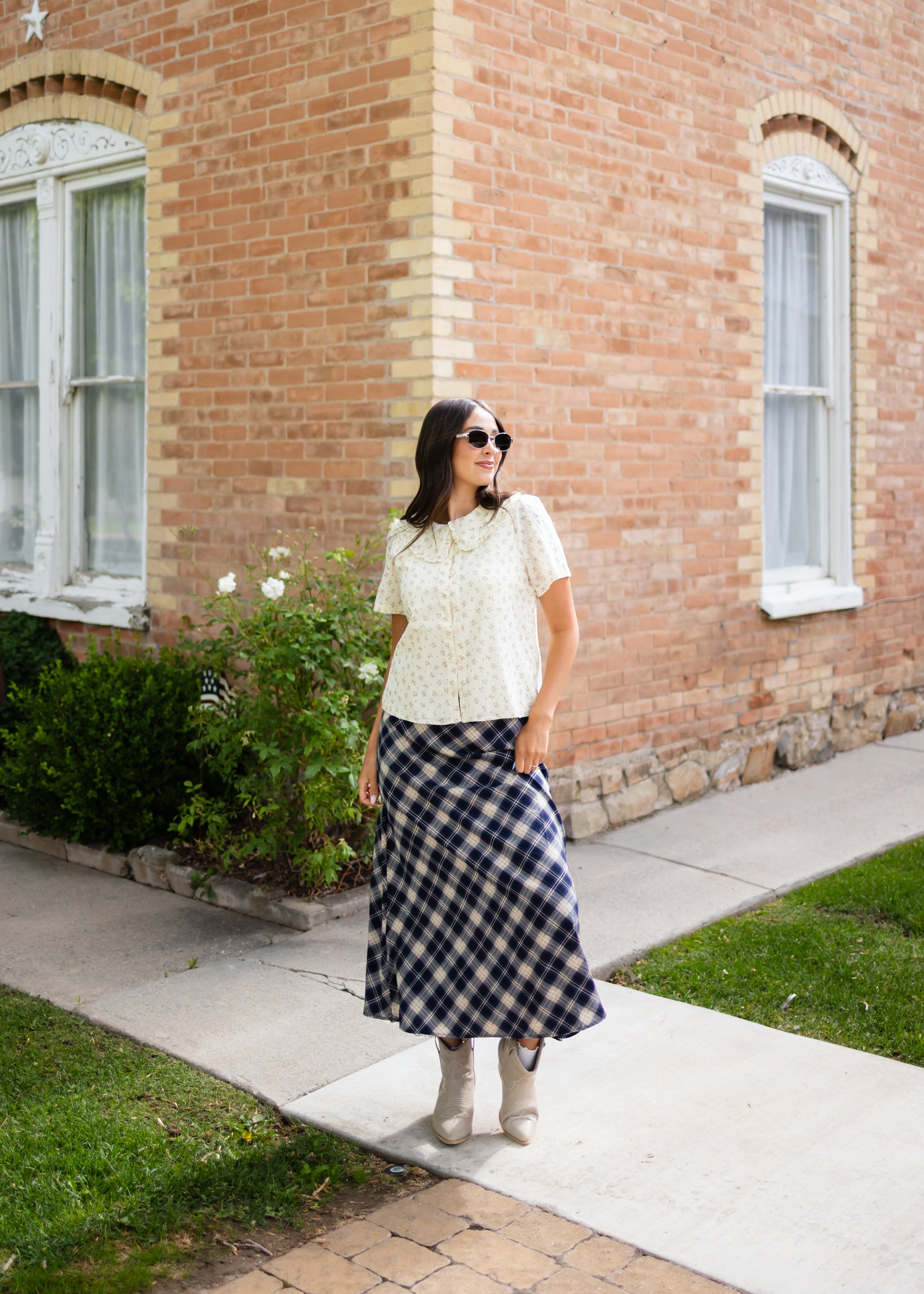 Ashley Navy & Cream Plaid Midi Skirt
