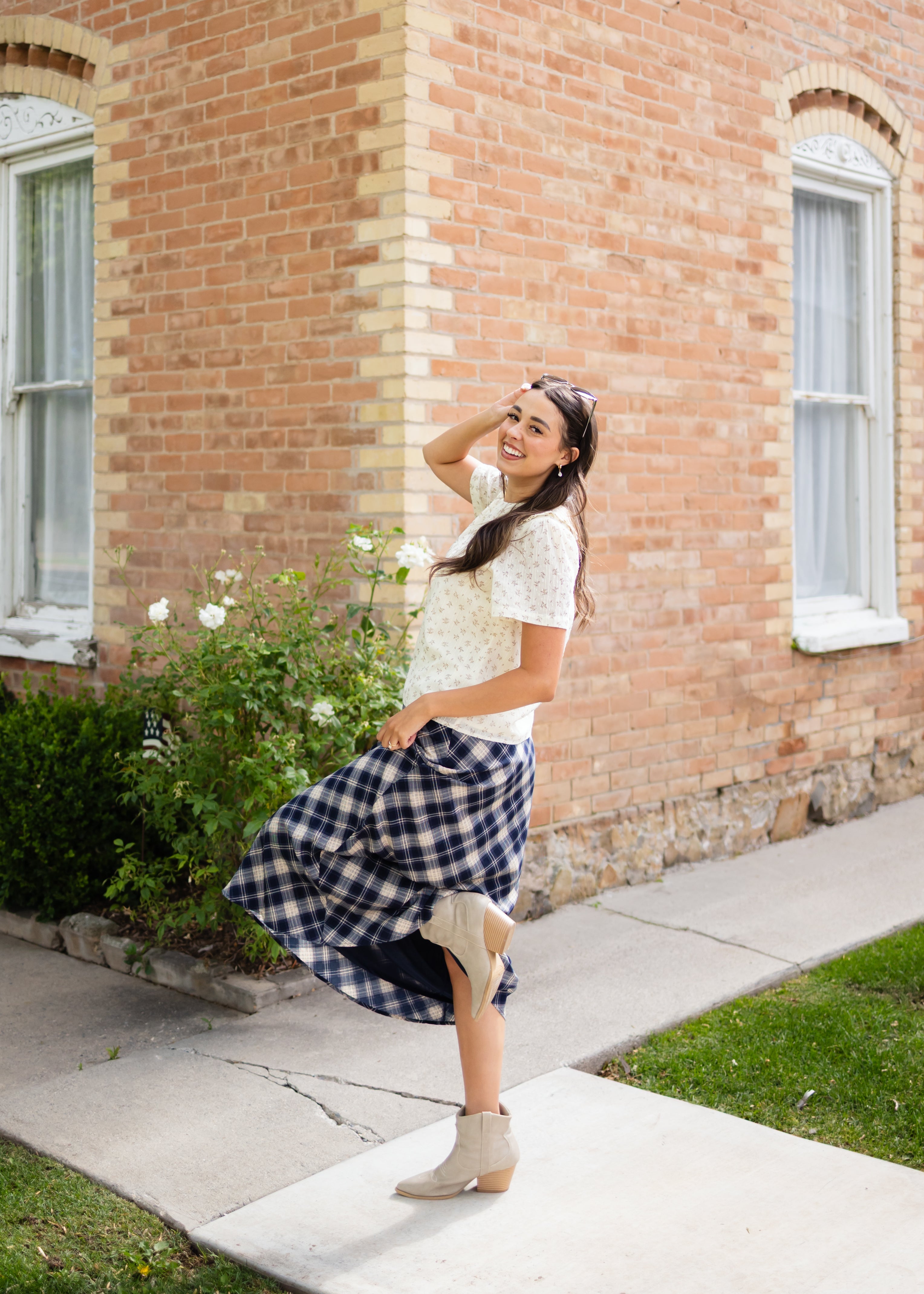 Ashley Navy & Cream Plaid Midi Skirt