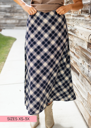 Ashley Navy & Cream Plaid Midi Skirt