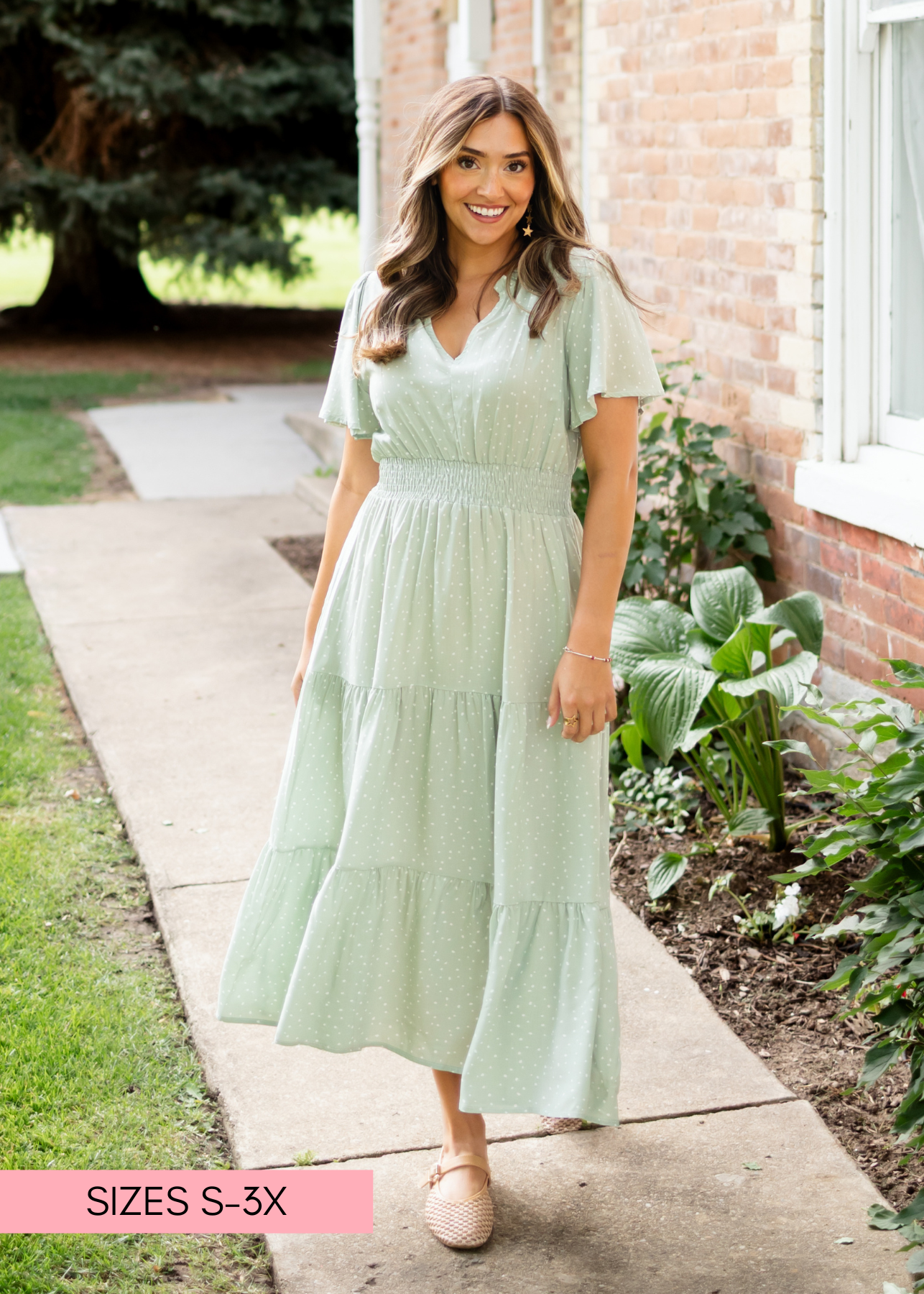 Aspen Sage and White Polka Dot Midi Dress