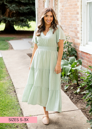Aspen Sage and White Polka Dot Midi Dress