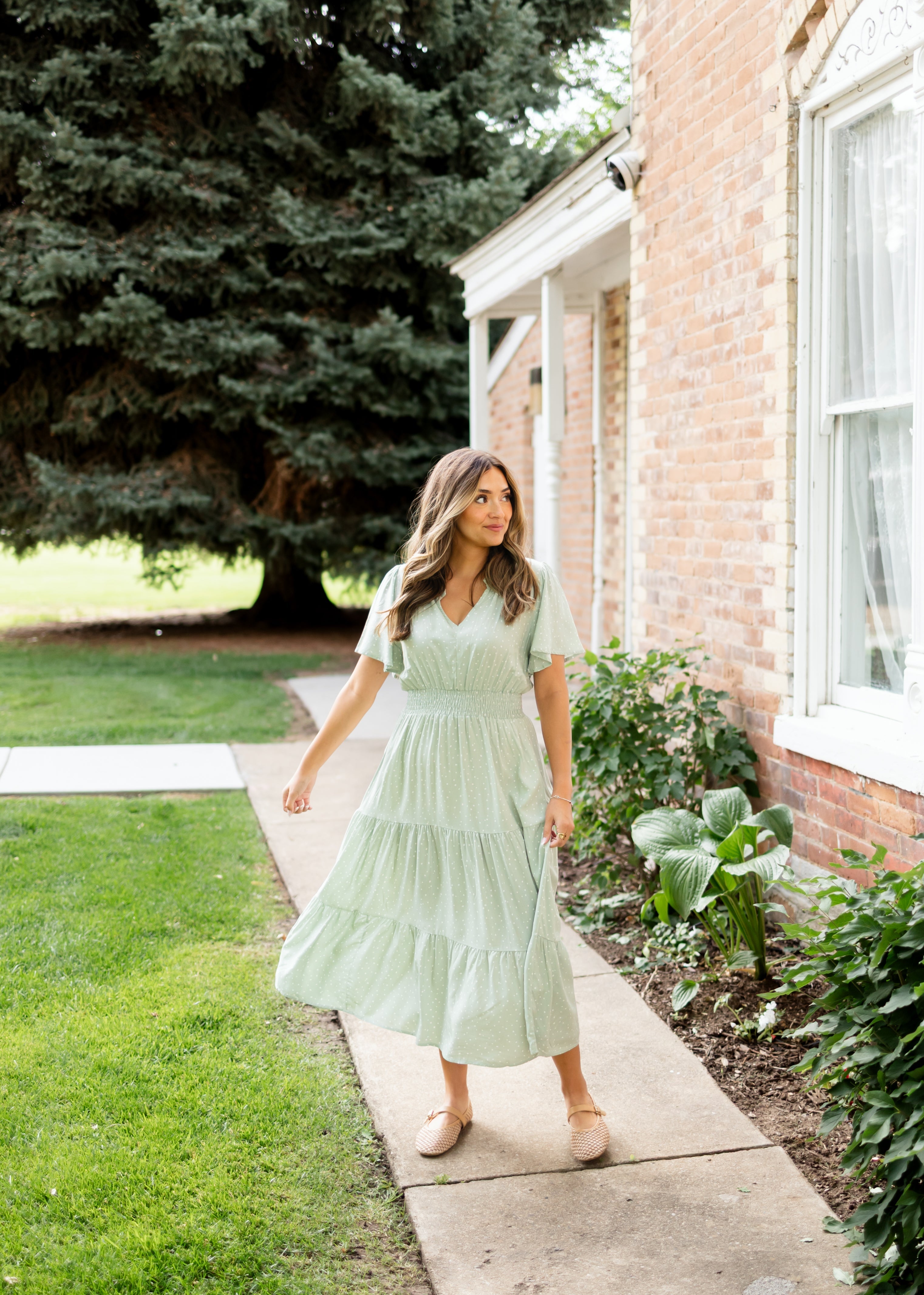 Aspen Sage and White Polka Dot Midi Dress