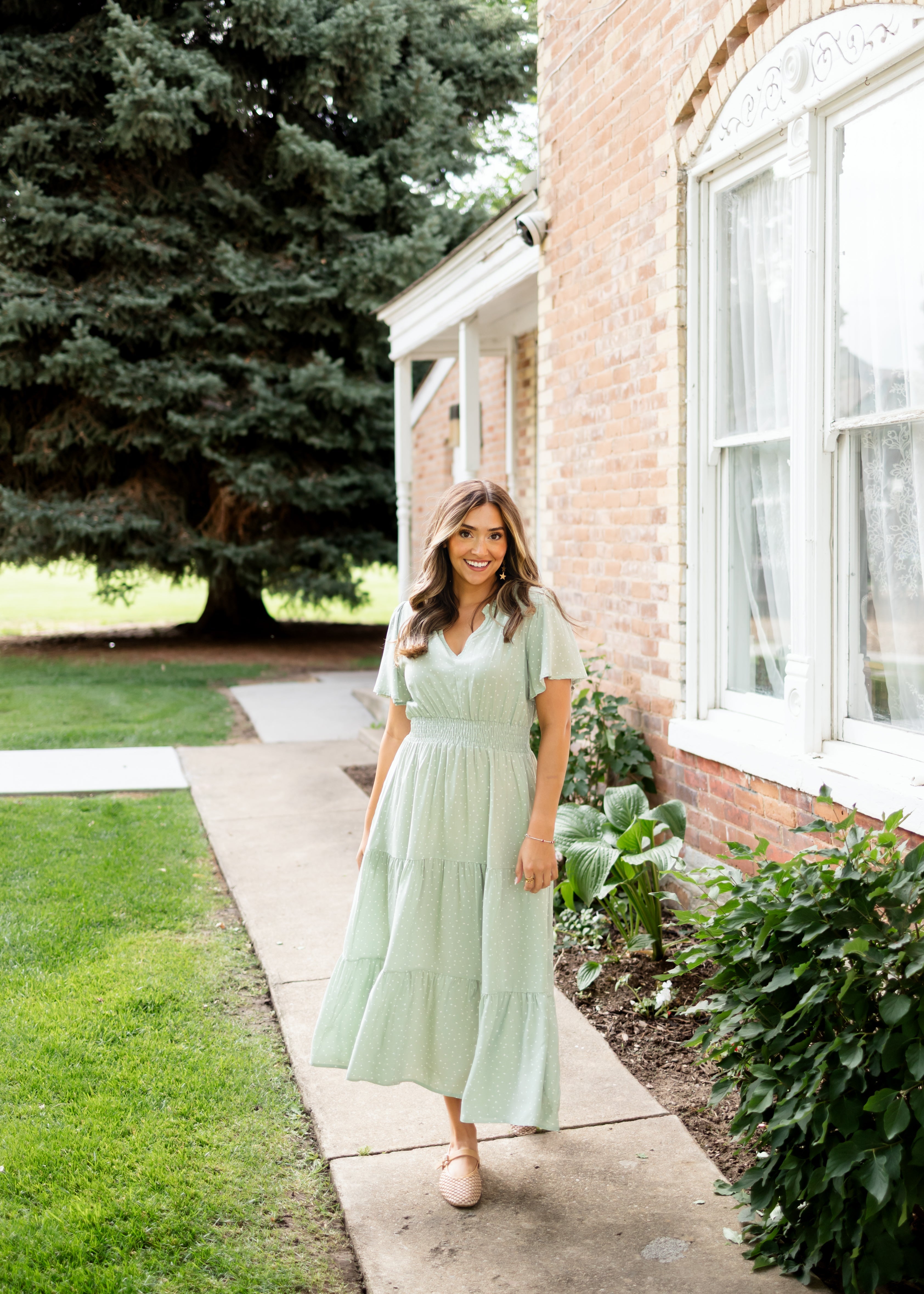 Aspen Sage and White Polka Dot Midi Dress