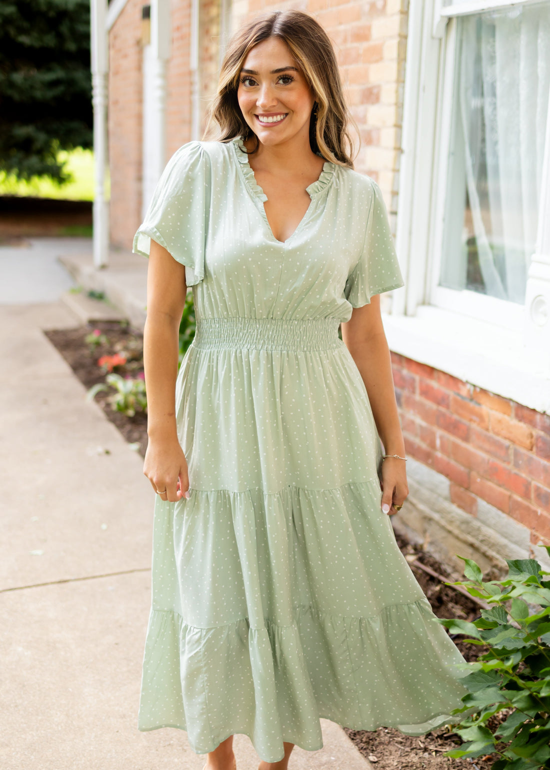 Aspen Sage and White Polka Dot Midi Dress