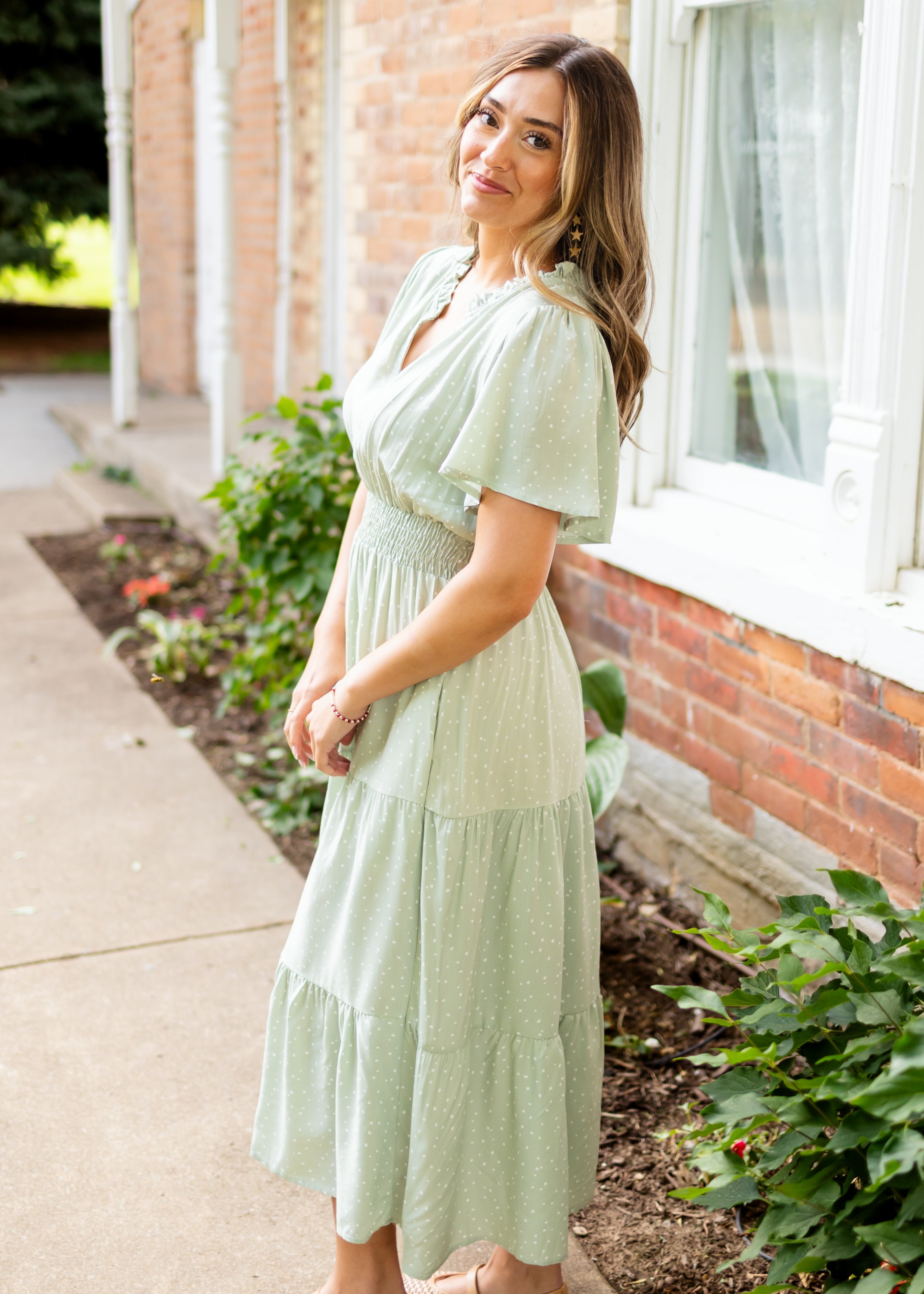 Aspen Sage and White Polka Dot Midi Dress