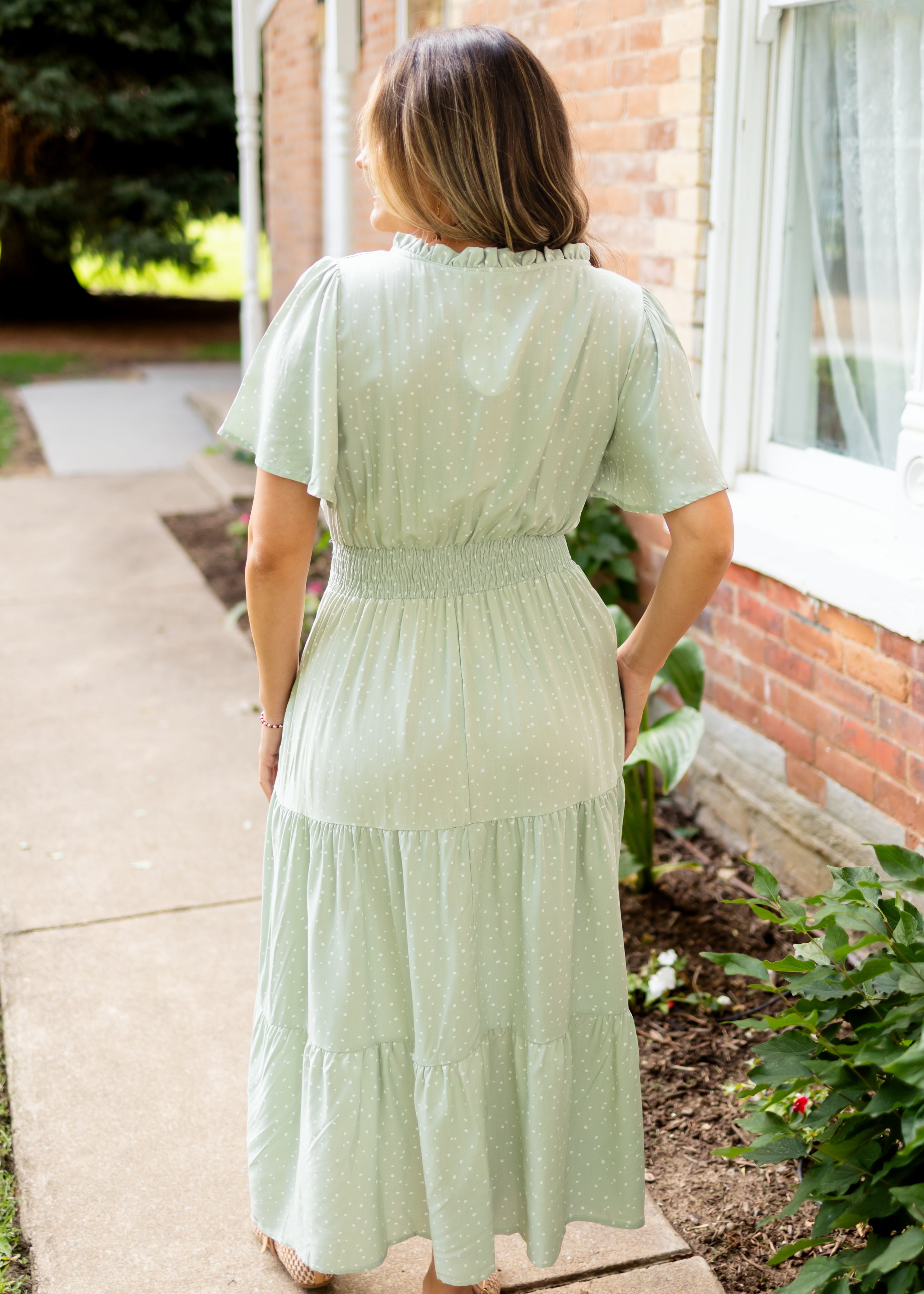 Aspen Sage and White Polka Dot Midi Dress