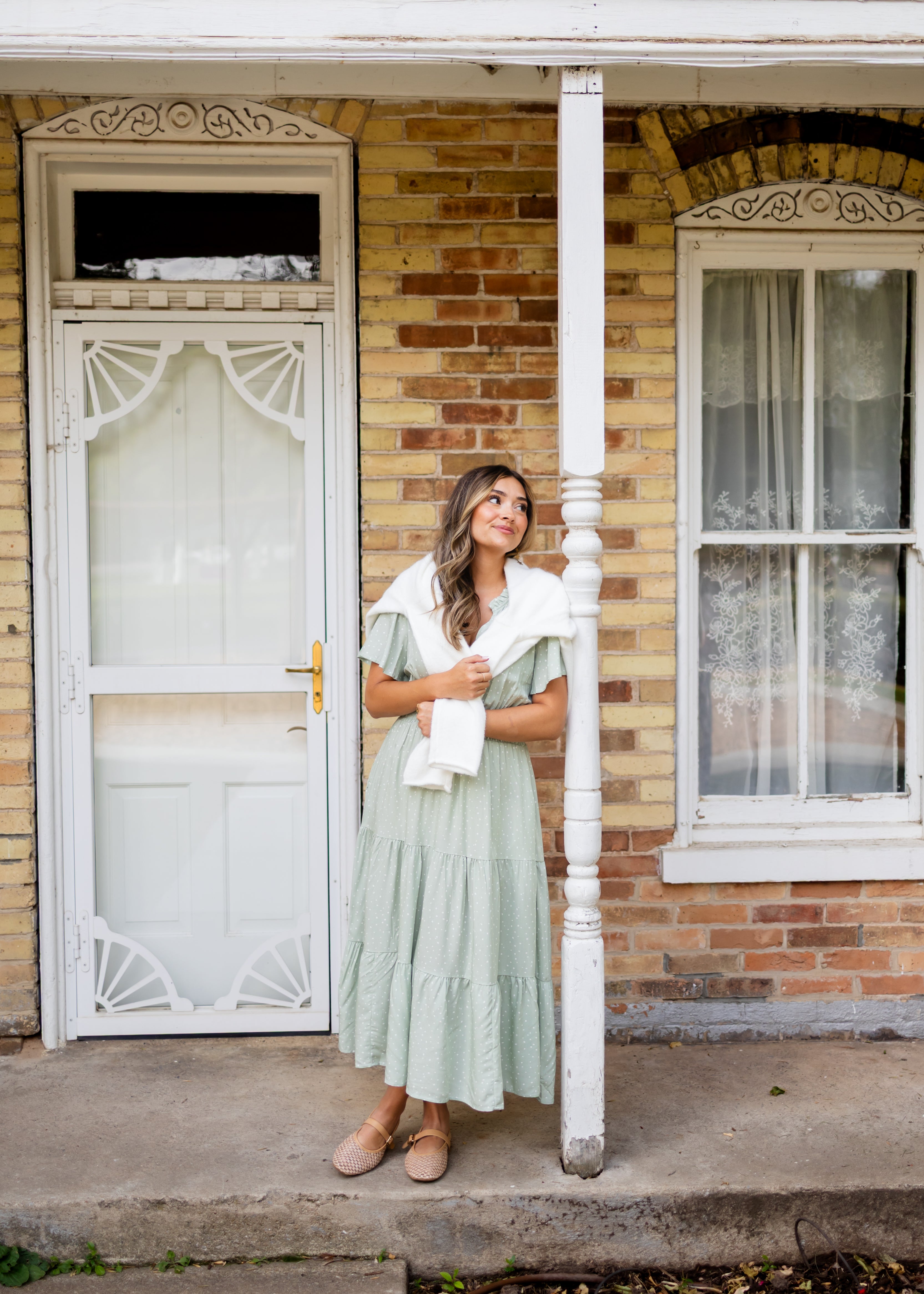 Aspen Sage and White Polka Dot Midi Dress